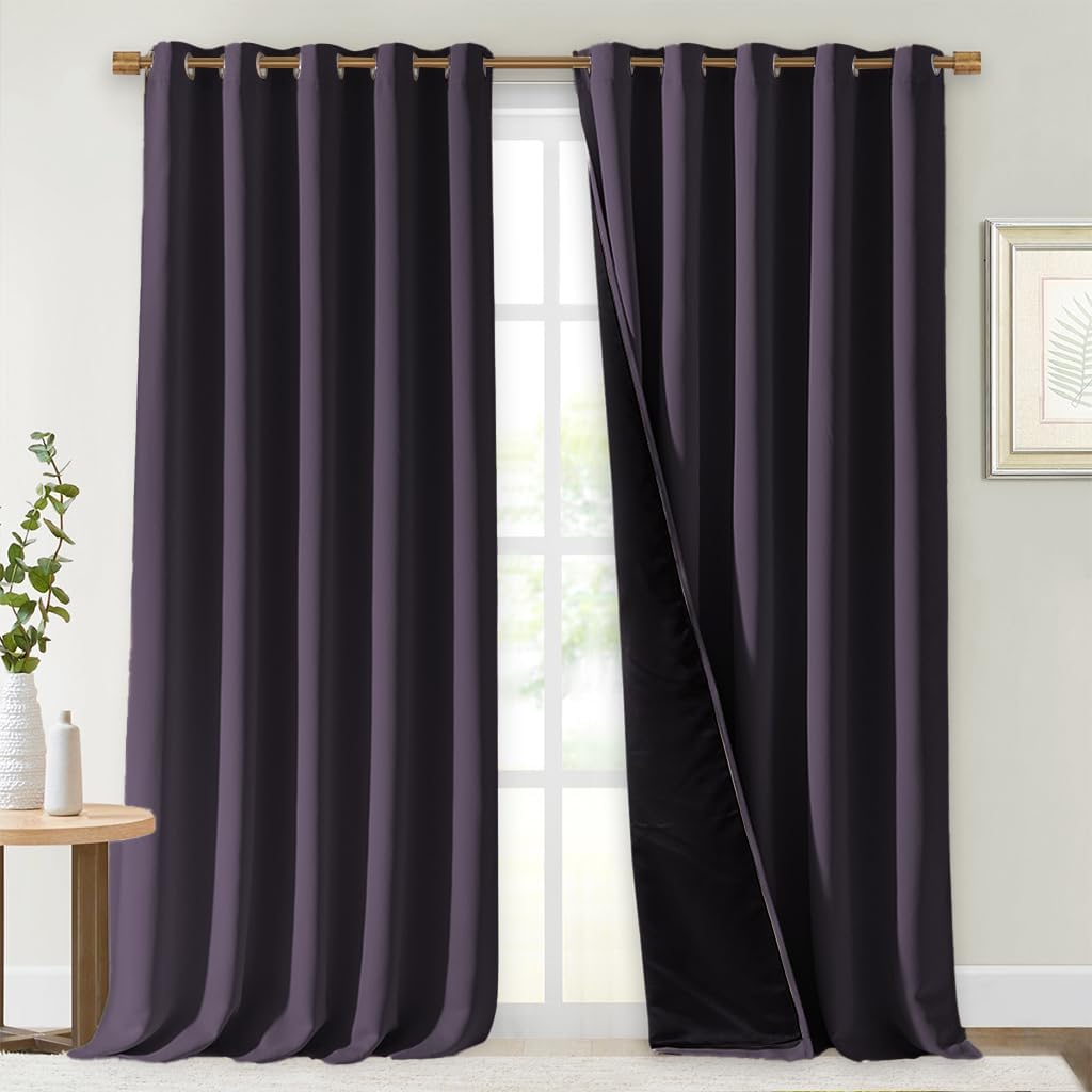 NICETOWN Full Shading Curtains for Windows, Greyish Purple, Pack of 2, 62 inches W x 95 inches L, Super Heavy-Duty Black Lined Blackout Curtains for Bedroom, Privacy Assured Window Treatment