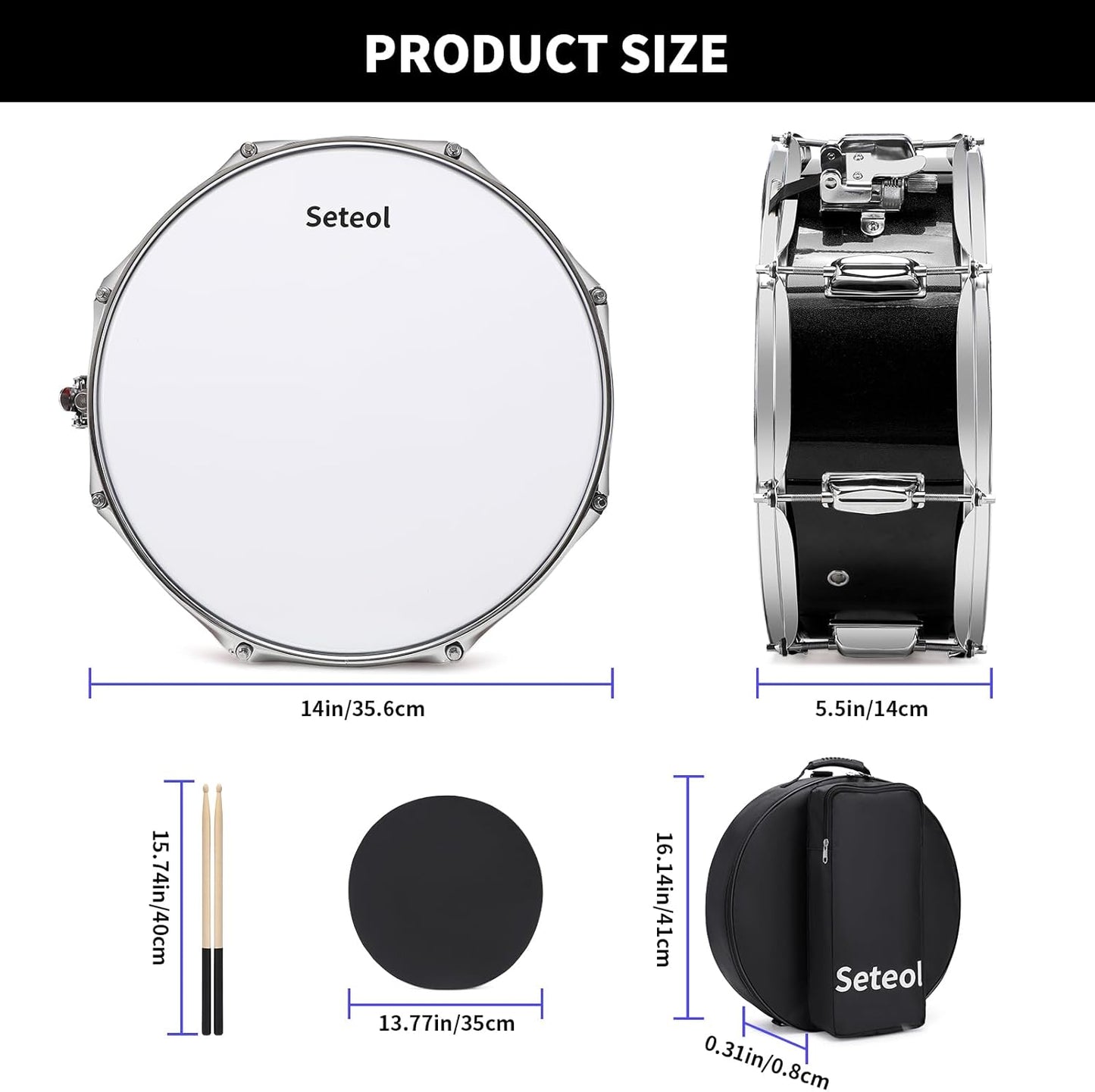 Snare Drum Kit, 14" x 5.5" Marching Snare Drum + Storage Padded Bag + Silent Mute Pad + Pair Of 5A Drumsticks + Drums Key, Portable Drums Hardware Set for Adults Kids Student Beginners (Black)
