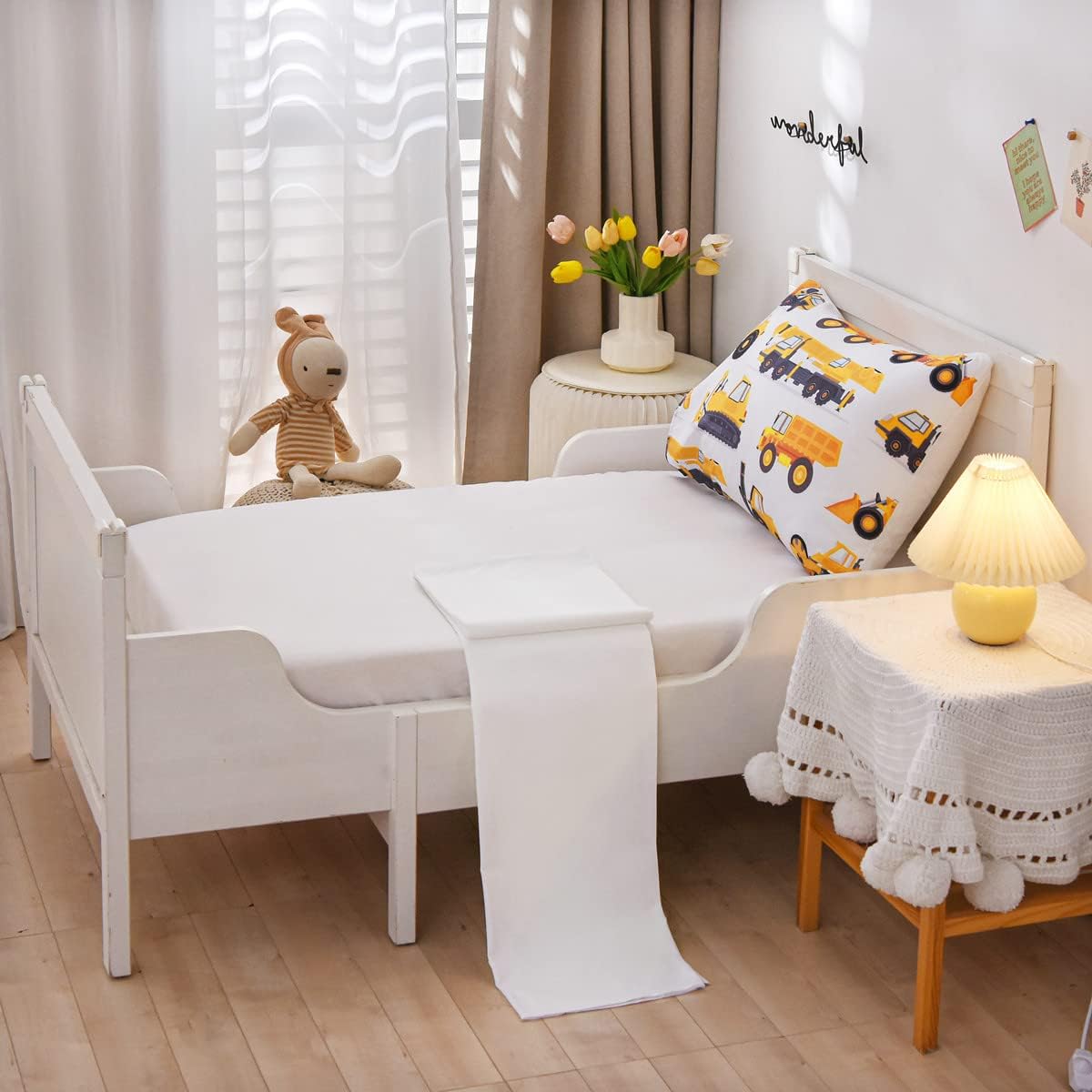 NTBED 4 Pieces Construction Toddler Bedding Set for Baby Boys, Truck Vehicles Excavator Cars Printed, Includes Comforter, Flat Sheet, Fitted Sheet and Pillowcase,White