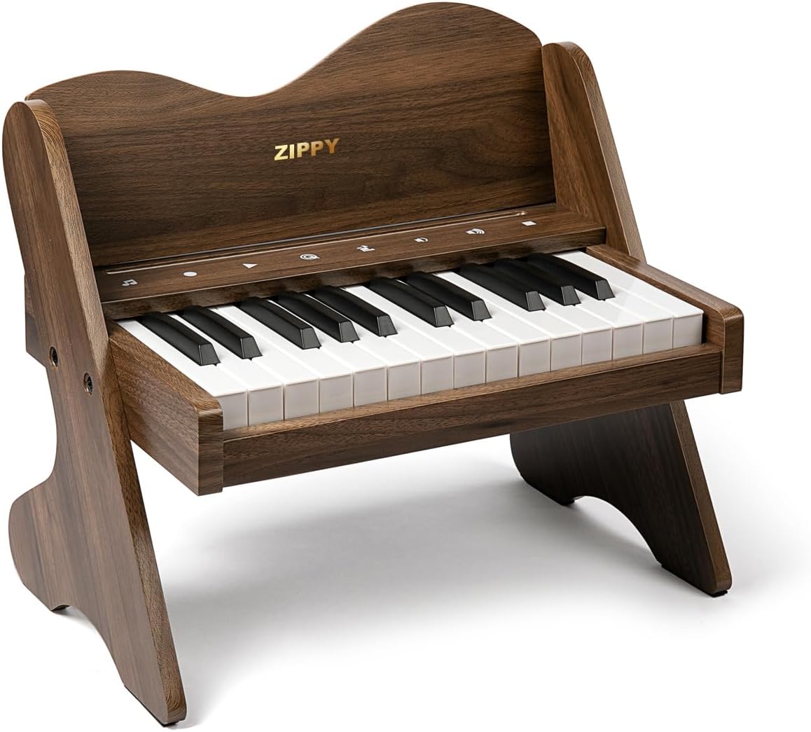 ZIPPY Kids Piano Keyboard, 25 Keys Digital Piano for Kids, Touch Sensitive Control Panel, Volume Adjustable, Mini Music Educational Instrument Toy, Wood Piano for Toddlers Girls Boys (Walnut)