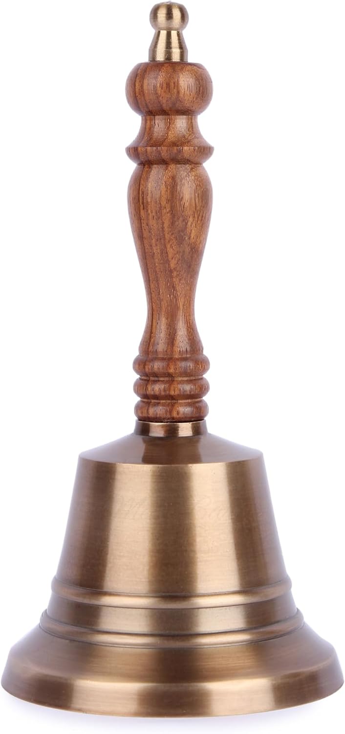 Premium Solid Brass Service Bell Handheld Loud Call Bell with Wooden Handle for Church Restaurant Hotel Reception Office Event Holiday Use Brass Finish 1 Piece 8 Inch by 4 Inch