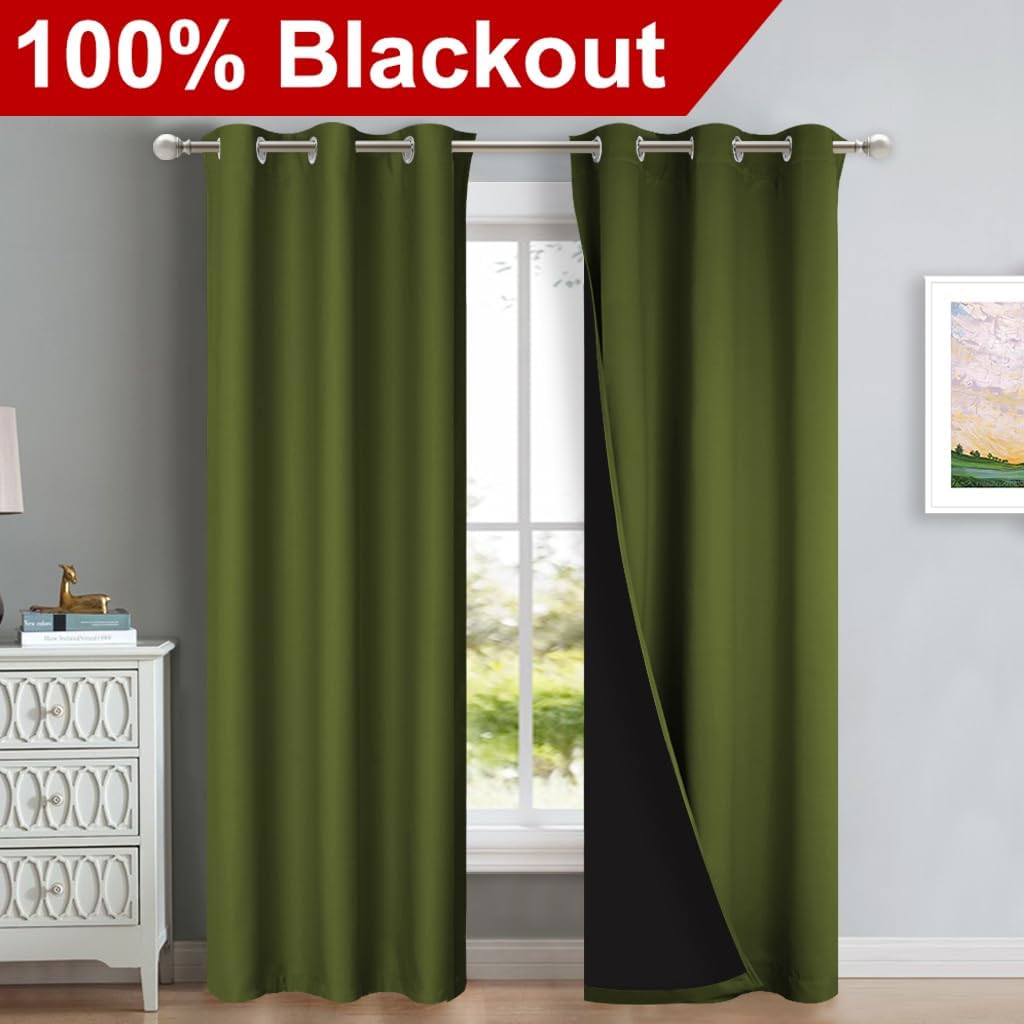 NICETOWN Blackout Curtains 84 inches Long, 2 Pieces, 42" Wide Each Panel, Olive Green, Full Light Blocking Drapes with Black Liner for Nursery, Thermal Insulated Draperies for Hall, Villa