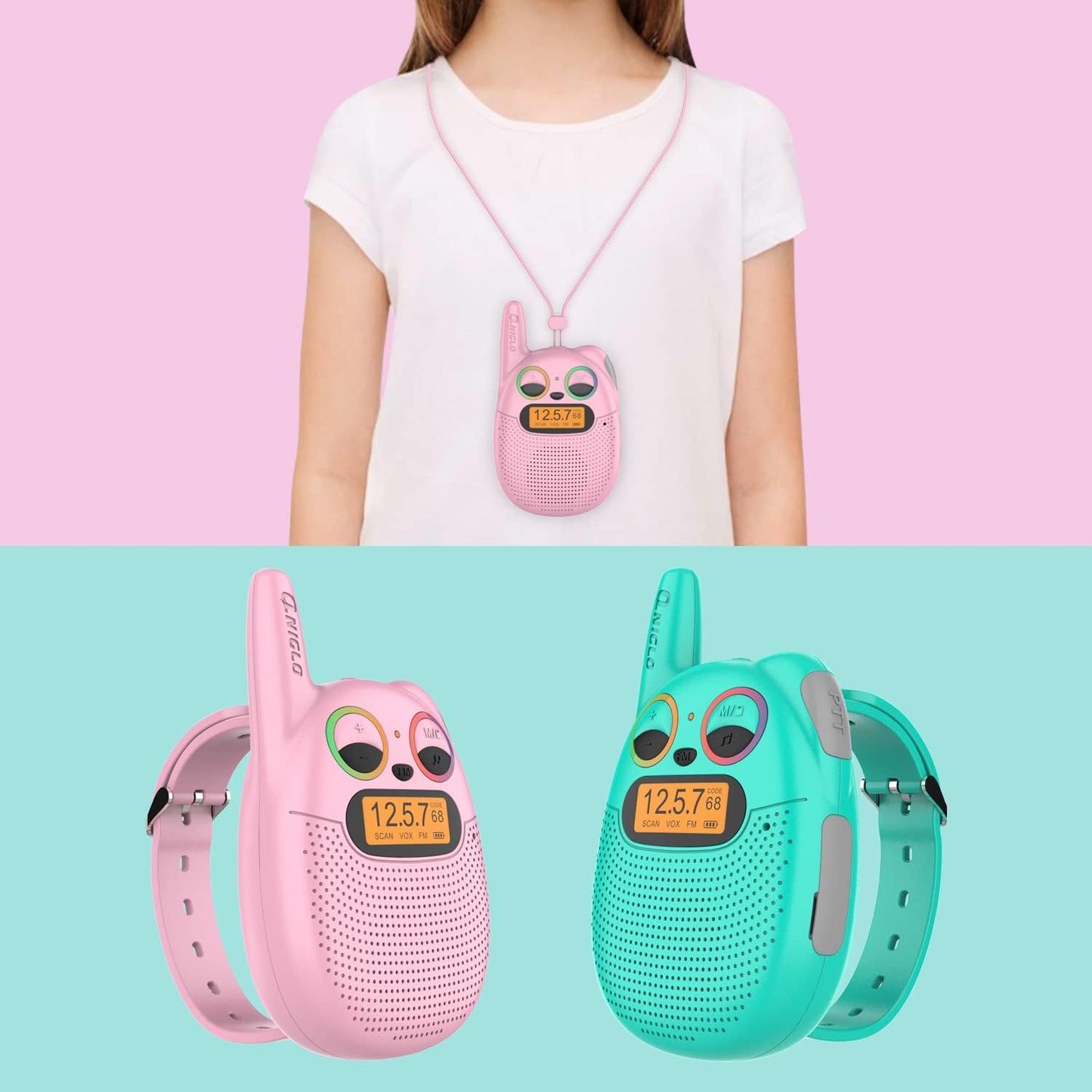 Qniglo Walkie Talkies for Kids Rechargeable, 2 Pack with FM Handheld Walki Talki with Wearable Lanyard & Wrist for Outdoor Camping Games & Birthday Xmas Toys Gifts for Boys Girls Kids