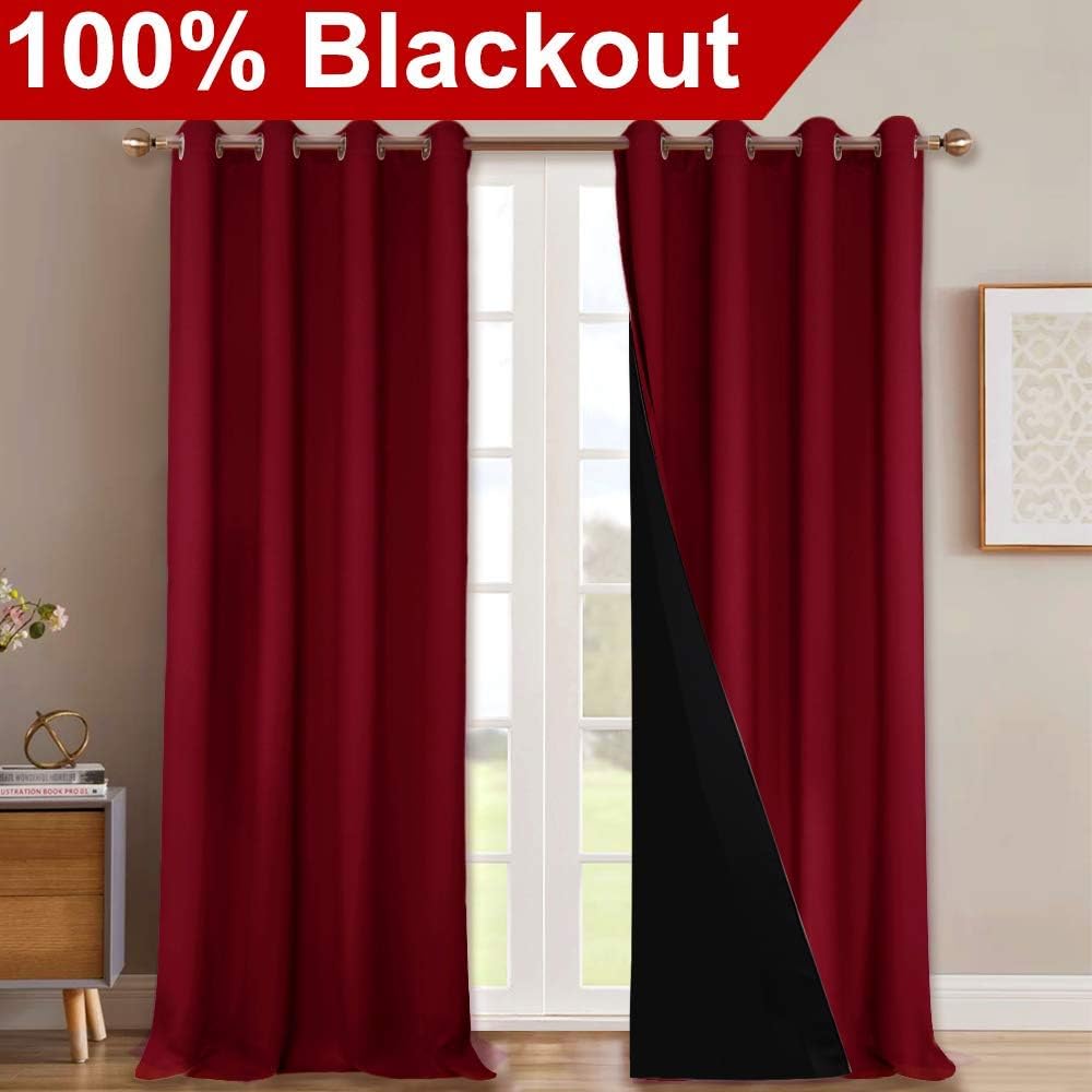 NICETOWN 100% Blackout Curtains with Black Liner Backing, Thermal Insulated Curtains for Living Room, Noise Reducing Drapes for Christmas, Burgundy Red, 52" x 120" Per Panel, Set of 2
