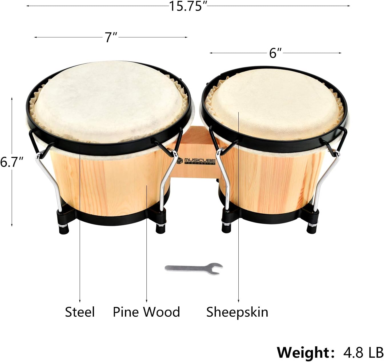 MUSICUBE Bongo Drum Set with Tuning Wrench Professional Wooden Percussion Instrument for Beginner Adults Kids (Natural Skin)
