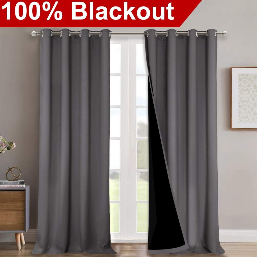 NICETOWN Total Shade Curtains and Draperies, Heavy-Duty Full Light Shading Drapes with Black Liner Backing for Villa/Hall/Dorm Window（Gray, Package of 2, 52 inches Wide x 95 inches Long