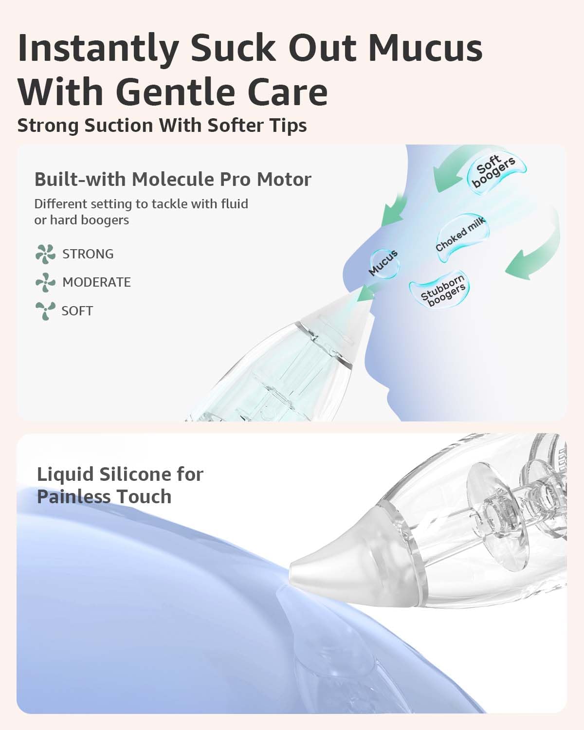 GROWNSY Nasal Aspirator for Baby, Electric Nose Aspirator for Toddler, Baby Nose Sucker, Automatic Nose Cleaner with 3 Silicone Tips, Adjustable Suctions, Music and Light Soothing Function (Green)