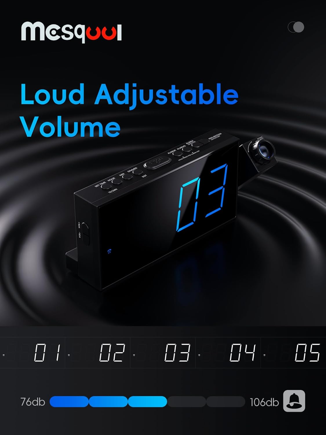 Mesqool Projection Alarm Clock, Loud Vibrating Alarm Clock for Heavy Sleepers, Adjustable Projection Brightness,Hearing Impaired & Deaf People, Digital Alarm Clock with USB Charging Port