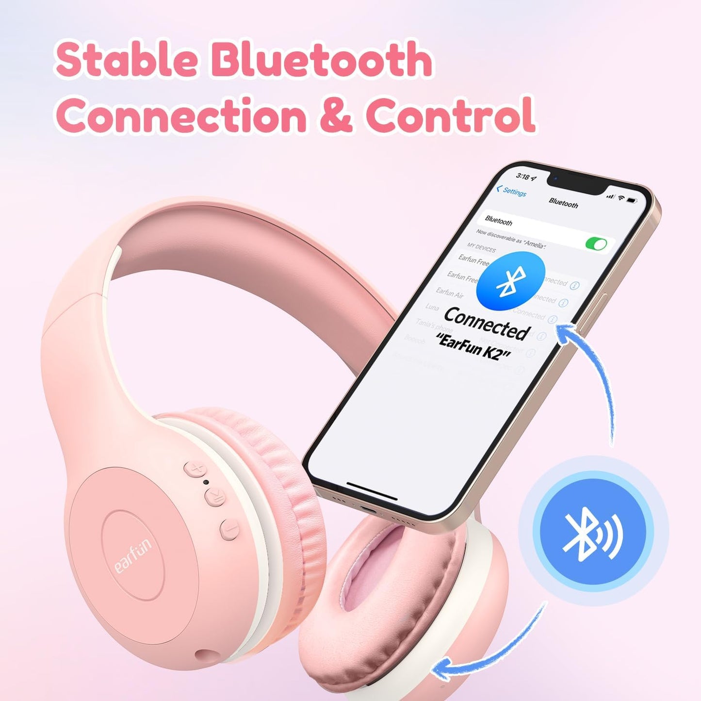 EarFun K2 Kids Bluetooth Headphones, Kids Headphones with Volume Limited, 40H Playtime, Built-in Mic, Stereo Sound, Foldable Over-Ear Headphone for School/Travel/iPad/Tablet, Pink