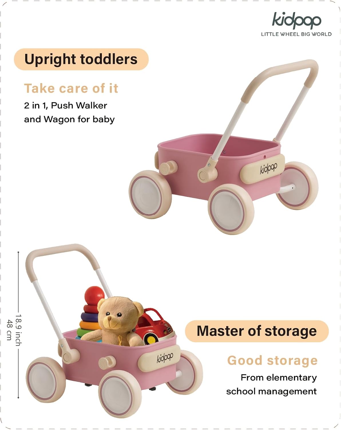 PULA Baby Push Walker with Wheels Toddler Wagon for First Learner Baby Toys 6-12 Months, 1 Year Old Birthday Gifts, Indoors and Outdoors (Pink)
