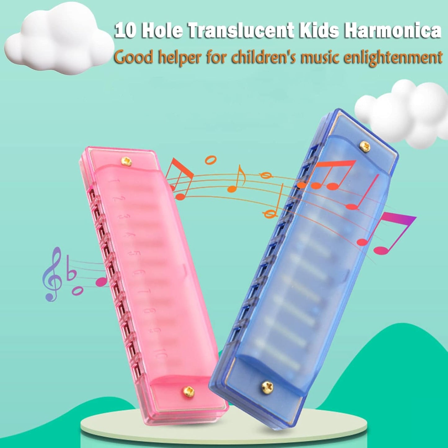 Harmonica for Kids 10 Hole Kids Harmonica, 2 Pack Key of C Blues Harmonica Educational Toy Beginners Toy Musical Instruments for Kids, Children and Toddler (Blue, Pink)