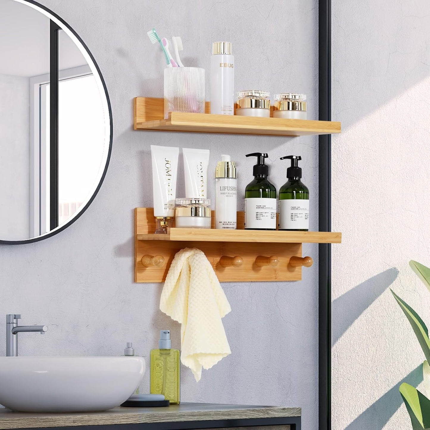 Ollieroo Set of Four Floating Book Shelves for Wall, Nursery Book Shelf for Kids Room, Bamboo Wood Hanging Bookshelf for Baby Teen Boys Girls, Wall Mounted Shelves for Bedroom Bathroom Decor(Natural)