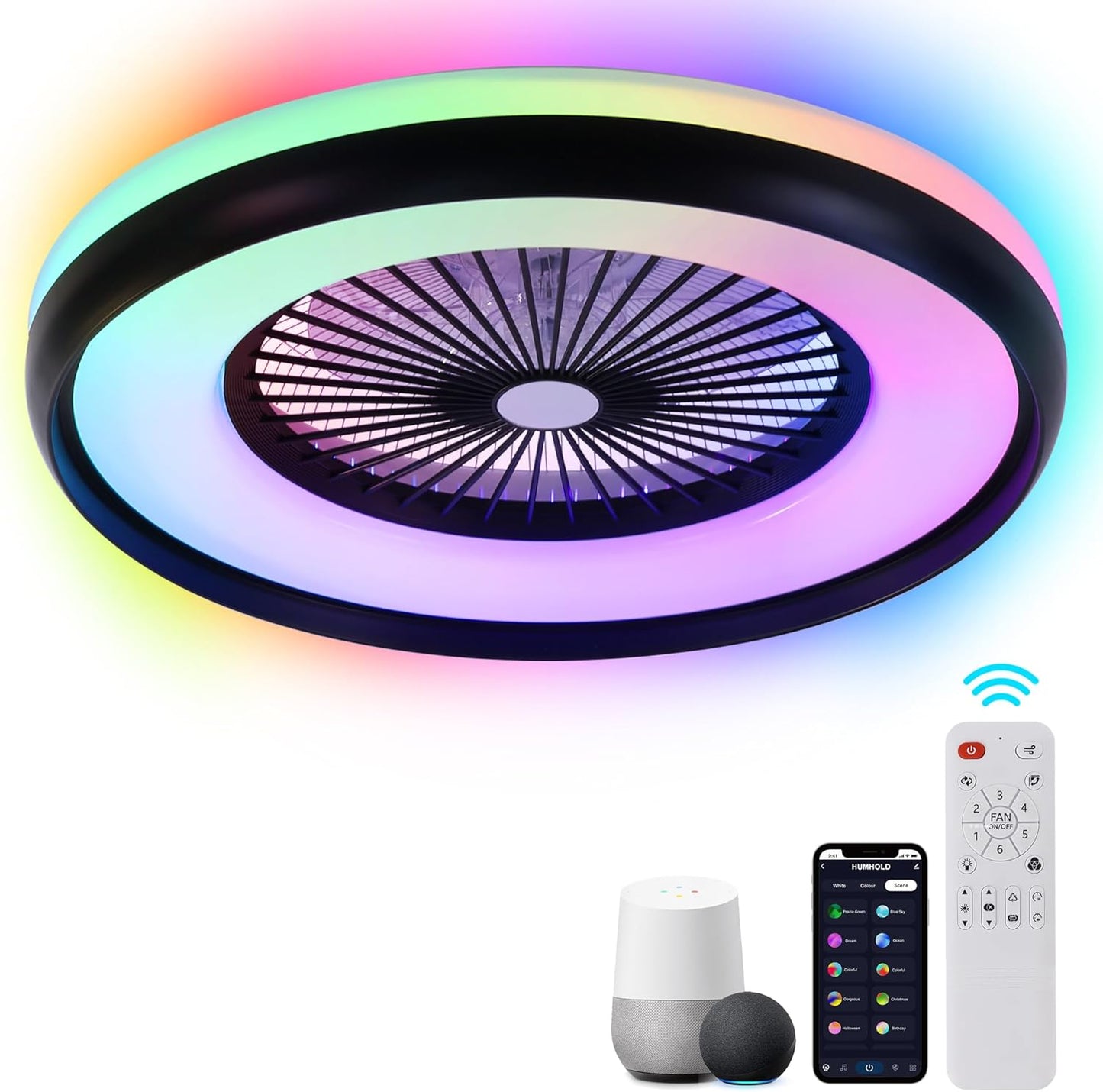 24" Bladeless Ceiling Fan with RGB Light Remote, Smart LED Ceiling Fans with Voice/App Control, Modern Low Profile Dimmable Light Ceiling Fan for Bedroom Living Room Black