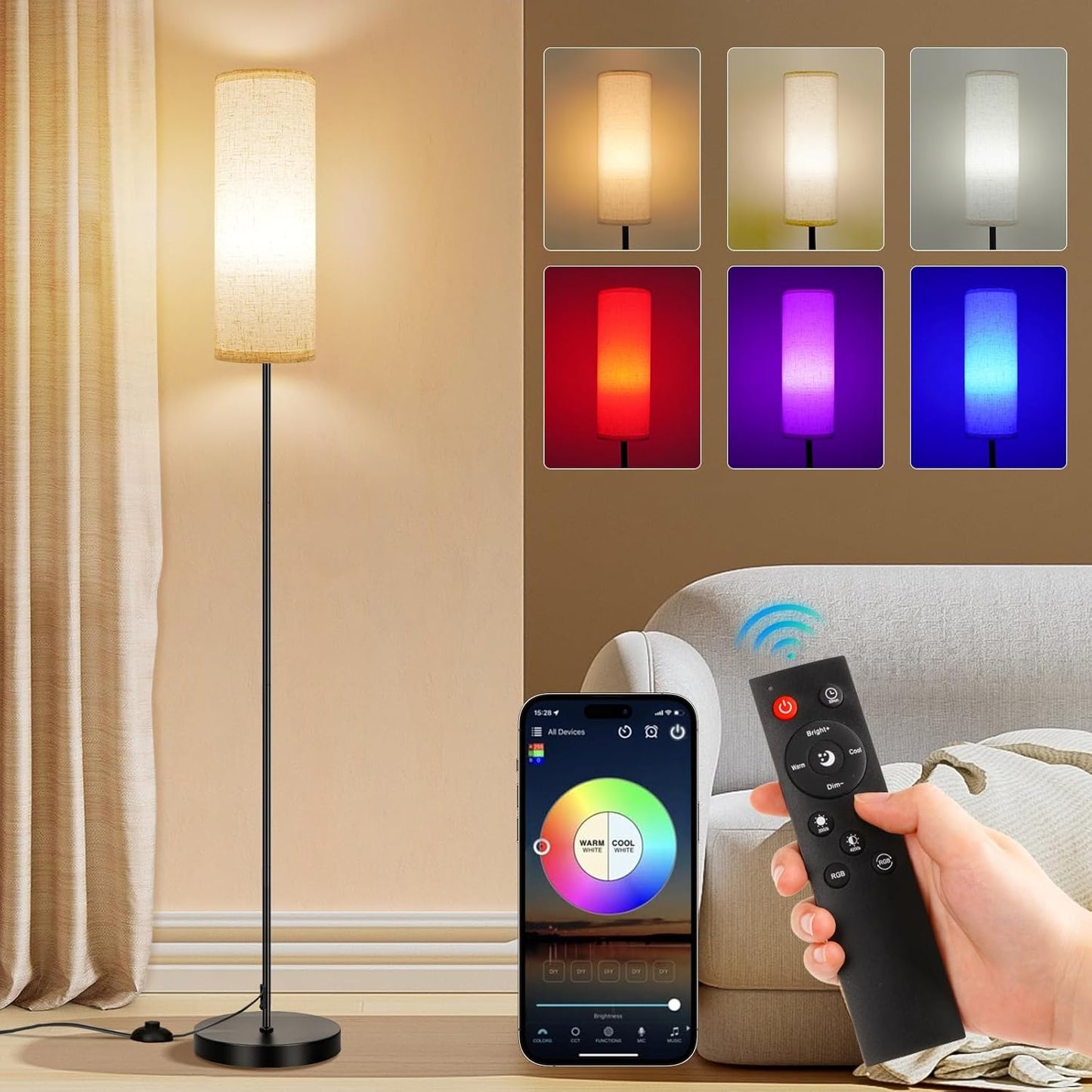 FRIDEKO HOME Floor Lamps for Living Room, Dimmable 3 Colors Temperature, Modern Corner Floor Lamp with Remote, Tall Standing Lamps for Kid Room Bedroom, Foot Switch, Beige Shade, 9W RGB LED Bulb