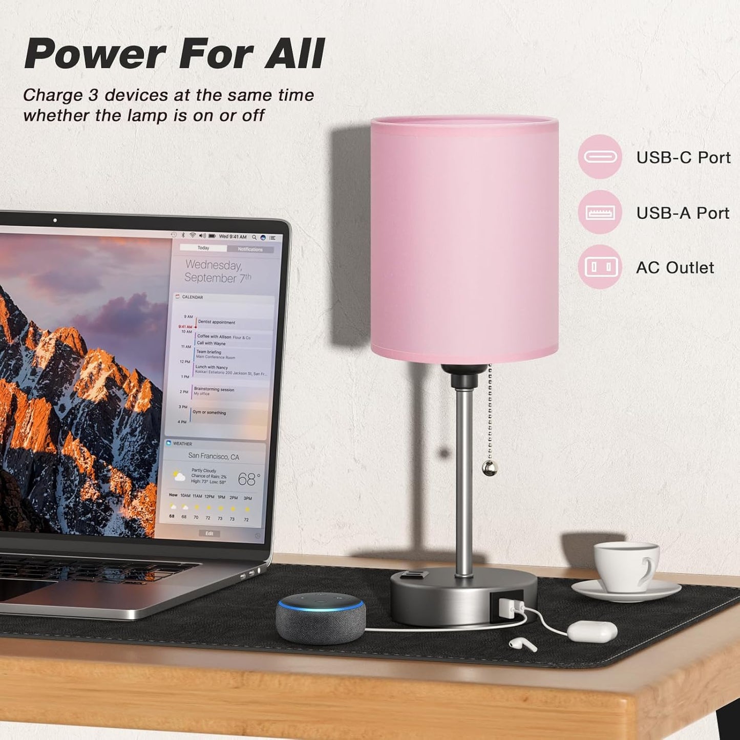Pink Bedroom Lamp for Bedside - 3 Color Temperatures Desk Lamp with USB C and A Ports, Pull Chain Table Lamp with AC Outlet, Nightstand Lamp with Silver Metal Base for Kids Girls