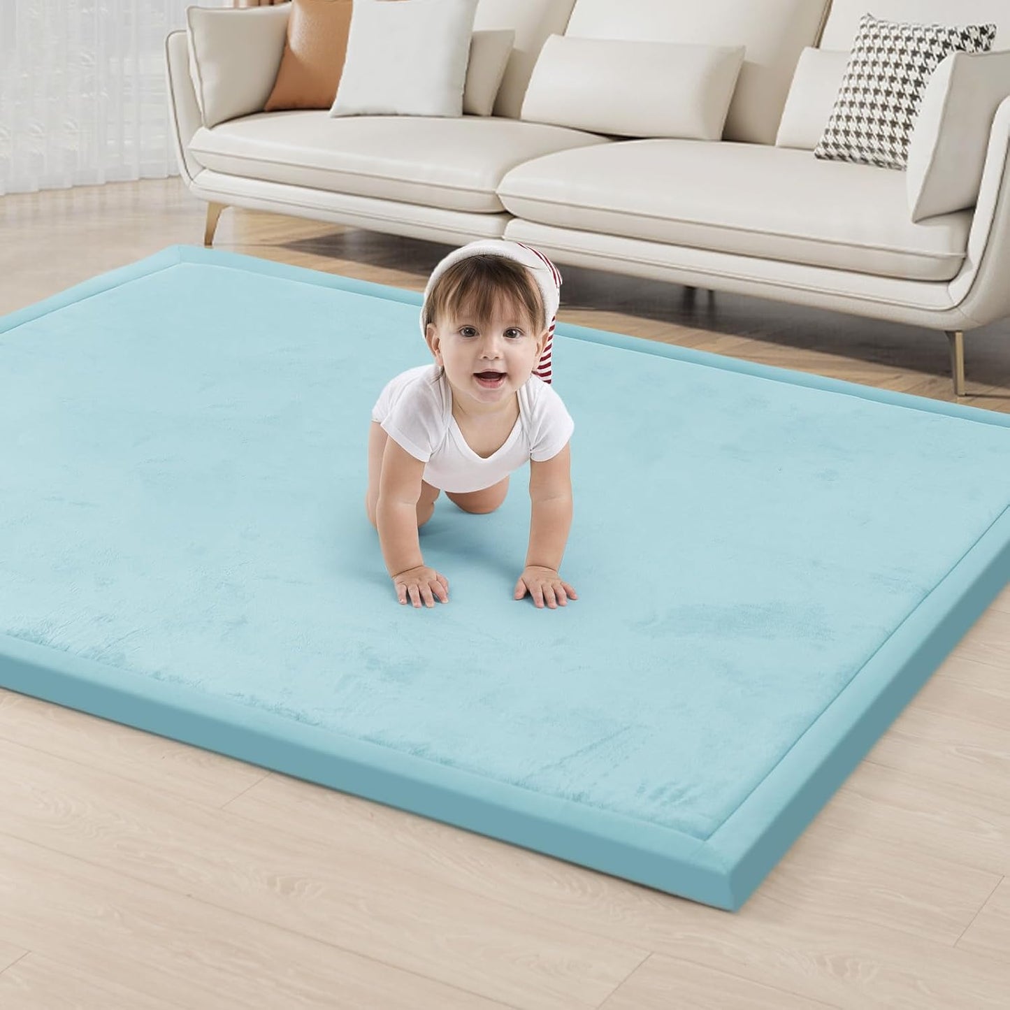 ACOMOPACK Baby Play Mat for Floor 1.3" Thick Memory Foam Play Mat 39"×59" Tummy Time Crawling with Non-Slip Bottom for Living Room,Nursery,Soft Velvet Playpen Mats for Kids,Infants（Light Blue）