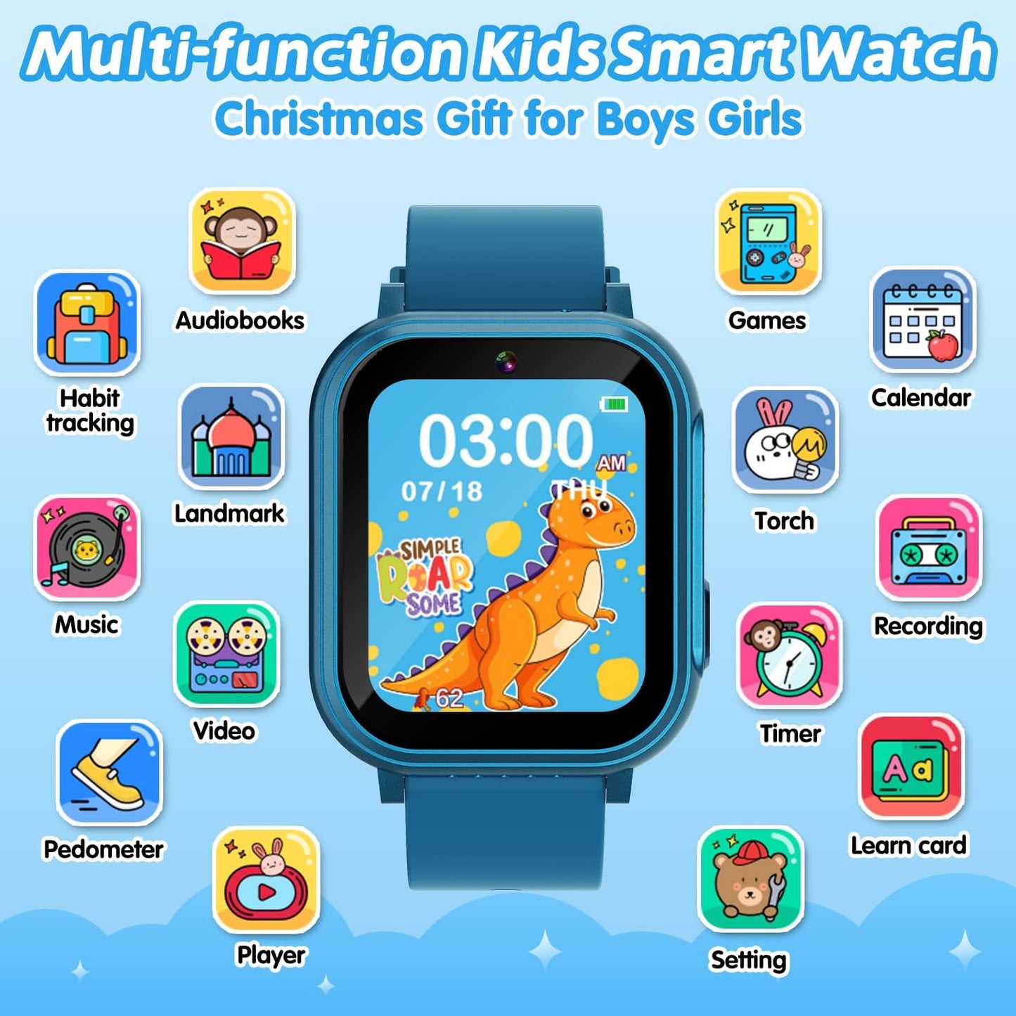 Kids Waterproof Smart Watch with 32 Games HD Touchscreen Dual Camera Music Player Pedometer Flashlight Habit Tracking Learn Card Toy for Boys, Birthday Gifts for Boys Girls 4 5 6 7 8 Year Old
