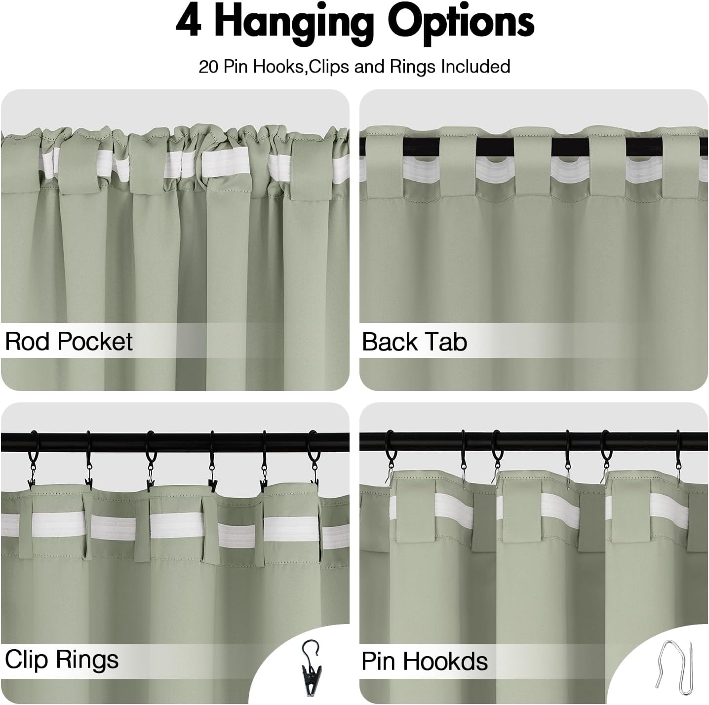 ANRODUO Back Tab Blackout Curtains for Bedroom Living Room, Rod Pocket Pinch Pleated Thermal Insulated Room Darkening Curtains 63 Inches Long 2 Panels, Sage Green, 52 x 63 Inch