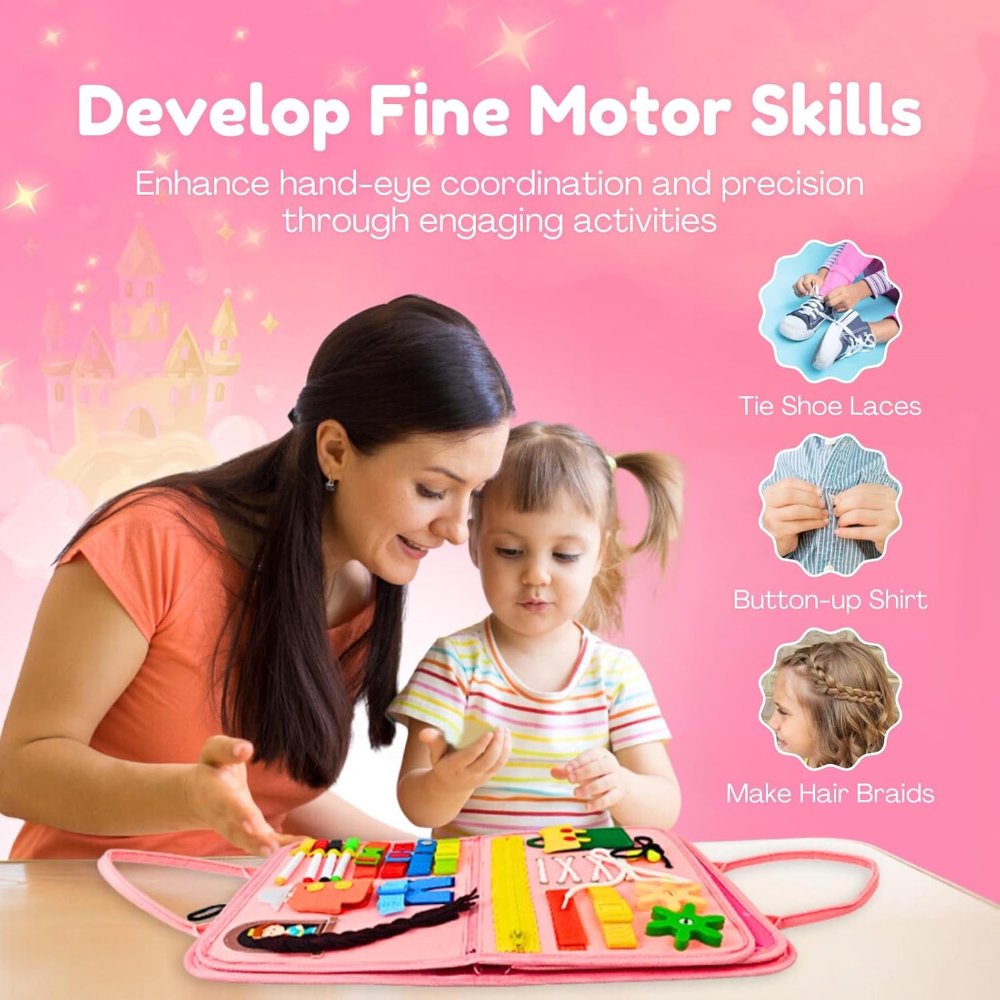 Princess Busy Book for Toddlers 1-3 | Montessori Activity Book with Various Activities For Girls & Boys | Educational Learning Sensory Board For Toddlers 1-3 | Portable busy board Travel Toy for Car