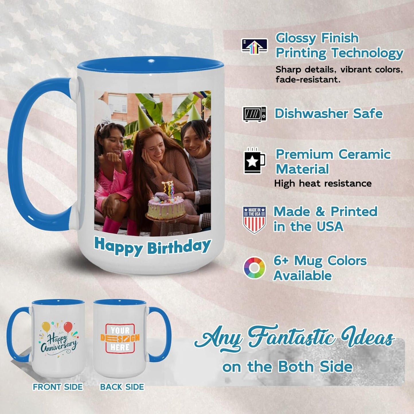 Ship Next Day Custom Mug Design Your Own Photo Text Personalized Picture Gifts for Women Men Customized Gifts Idea Personalized Coffee Mugs 15oz Blue Handle
