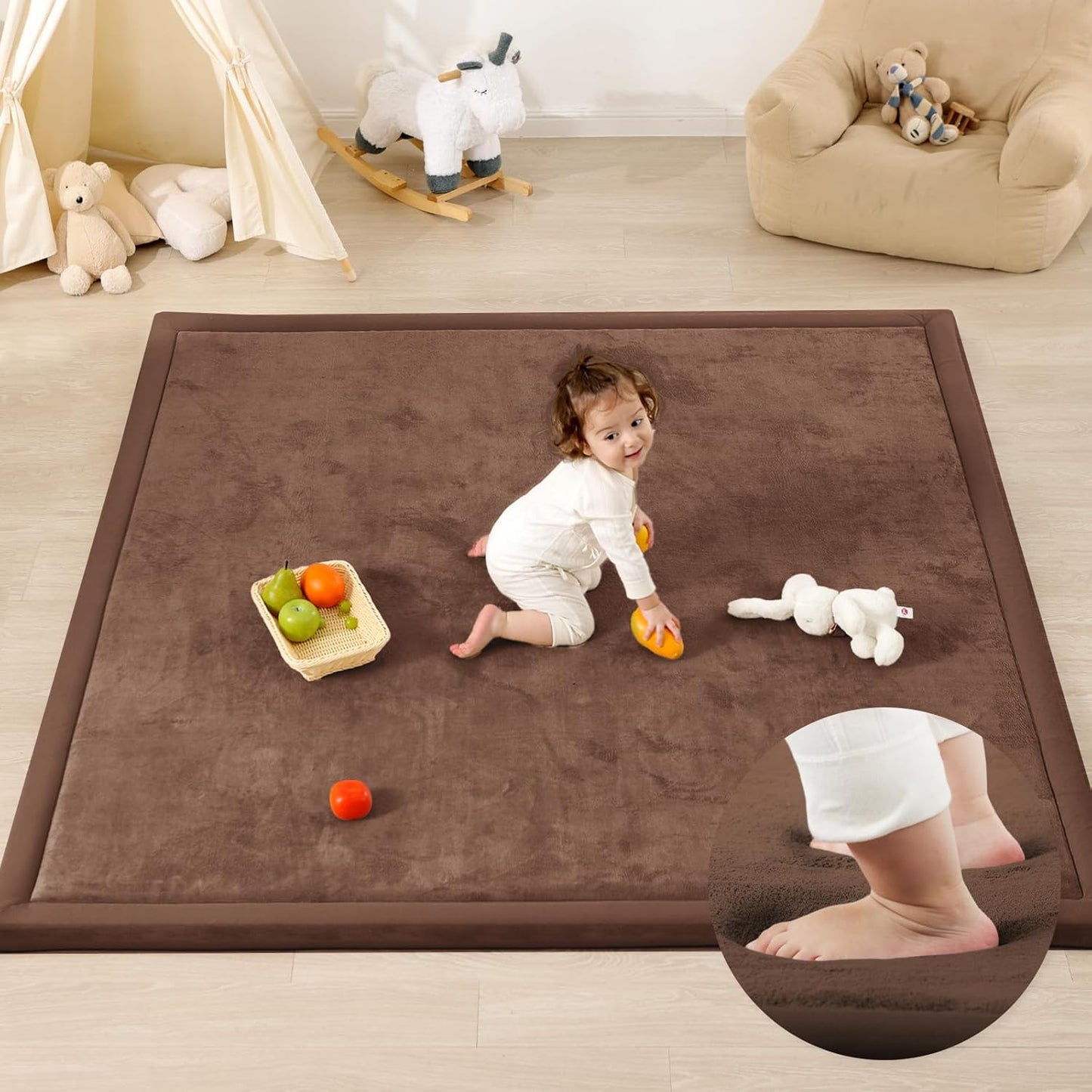 Ultra Soft Baby Play Mat,71"×79" Extra Large Activity Tummy Time Mat for Toddlers,Infants,Kids,1.3" Thick Elasti-Foam Nursery Rug for Floor,Non-Slip Safe for Crawling,Water-Repellent(Chocolate Brown)