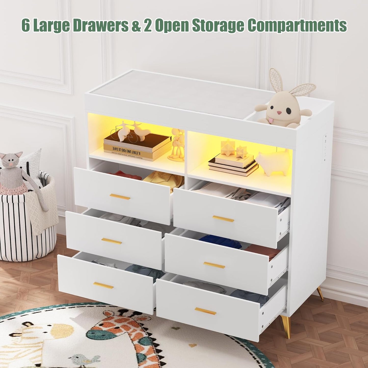 Changing Table Dresser with Drawers, Baby Dresser with Changing Table Top, Power Outlet, LED Light & Metal Feet, Diaper Changing Station Nursery Organizer for Infants Newborn, White