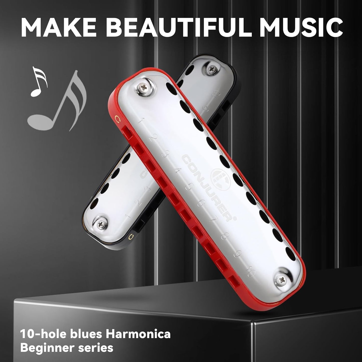 CONJURER Blues Harmonica for Kids Adult Beginners 10 Hole Diatonic Harmonica Key of C, Brass Reed Metal Mouth Organ C Key Blues Harp with Case, Black