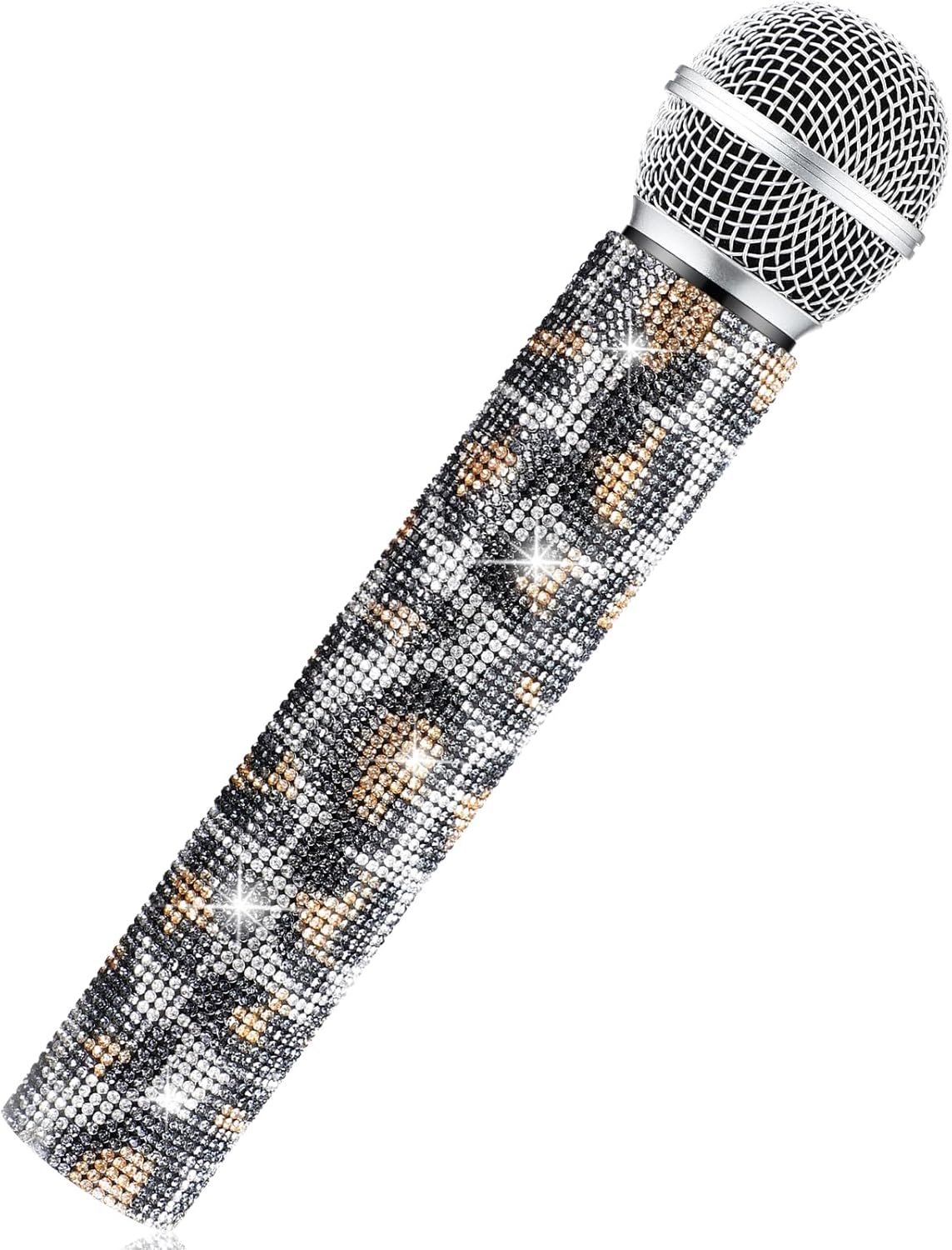 Sanwuta Fake Microphone Prop Sparkly Bling Rhinestones Plastic Play Microphone Pretend Glitter Bedazzled Mic for Cosplay Party Costume(Leopard)