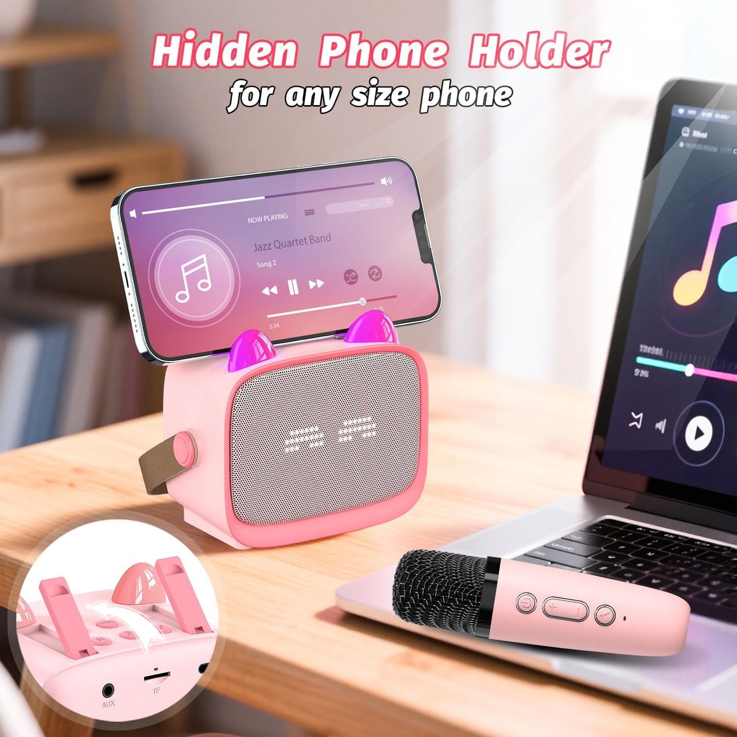 Mini Karaoke Machine Toys Gifts,Kids Portable MP3 Player with 2 Wireless Microphone and LED,Christmas Birthday Gifts for Girls Boys 3 4 5 6 7 8+ Year Old (Pink)