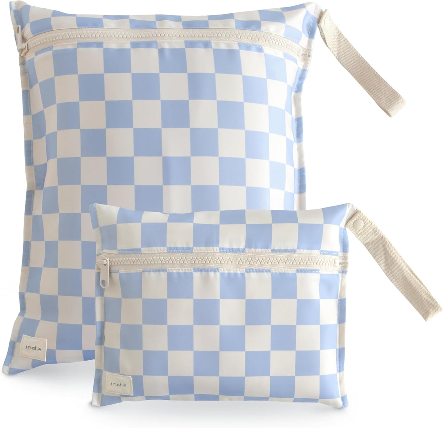 mushie Water Resistant Wet Bags | Large & Small Reusable Storage Bag for Baby Items and Travel | Zippered Pockets with Handle | Machine Washable, Set of 2 (Blue Check)