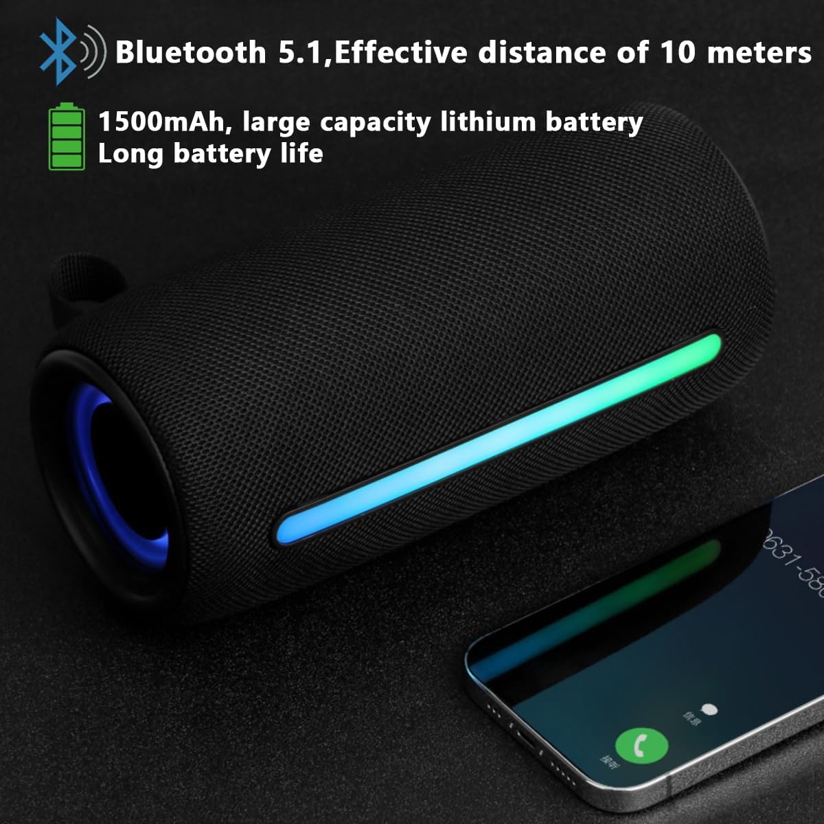 Portable Wireless Bluetooth Speaker: IPX6 Waterproof Audio,fm Radio,Loud USB/TF/AUX Play,LEDlights,TWS interconnected Stereo,Outdoor/Travel/Camping/Riding/Family/Party/Celebration