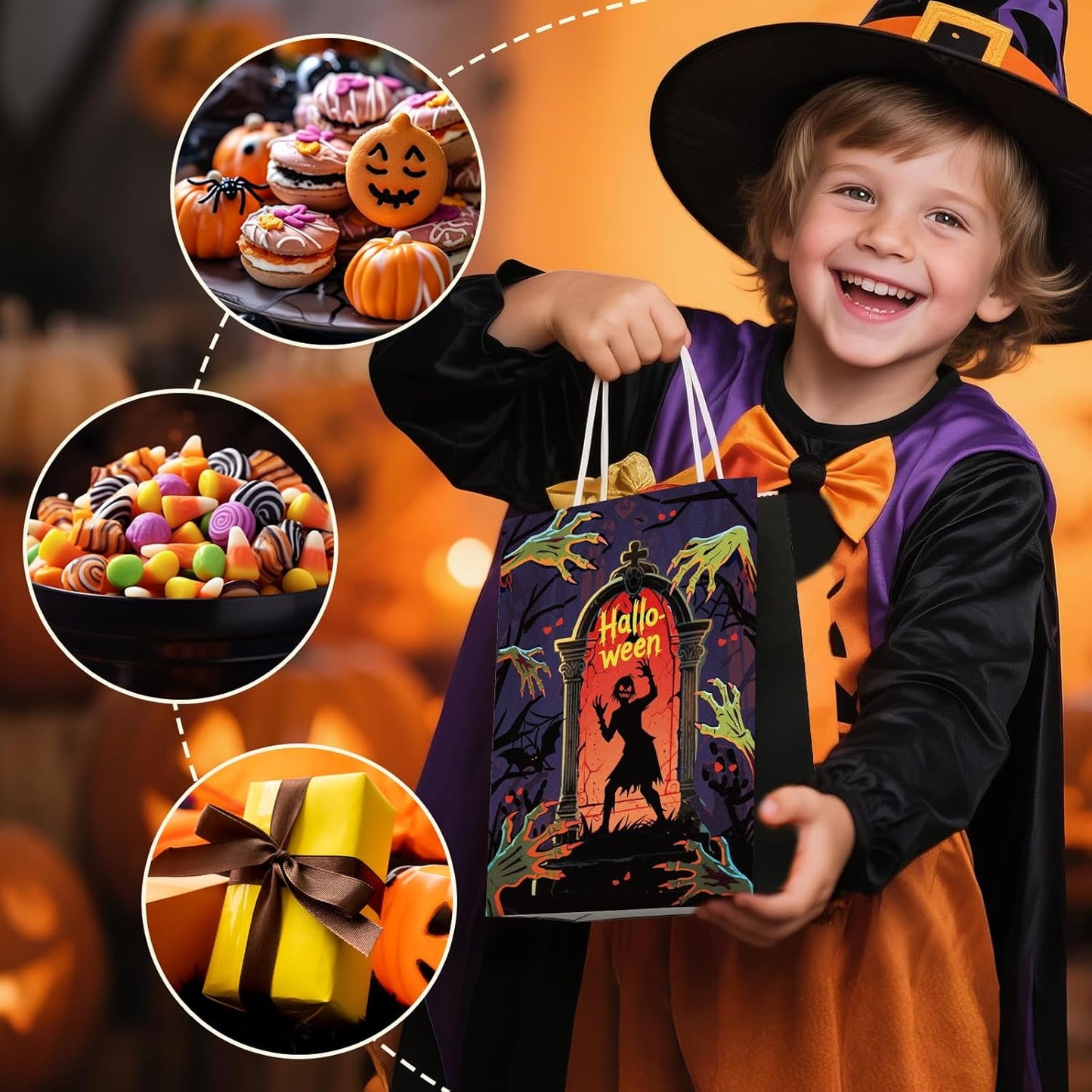 Winrayk Glow Halloween Trick or Treat Tote Paper Bags, Self-designed Party Favor Goodie Candy Gift Bags Bulk (4 Styles, 24 Pack), Neon Glow in the Dark Kids Halloween Party Favors Birthday Supplies