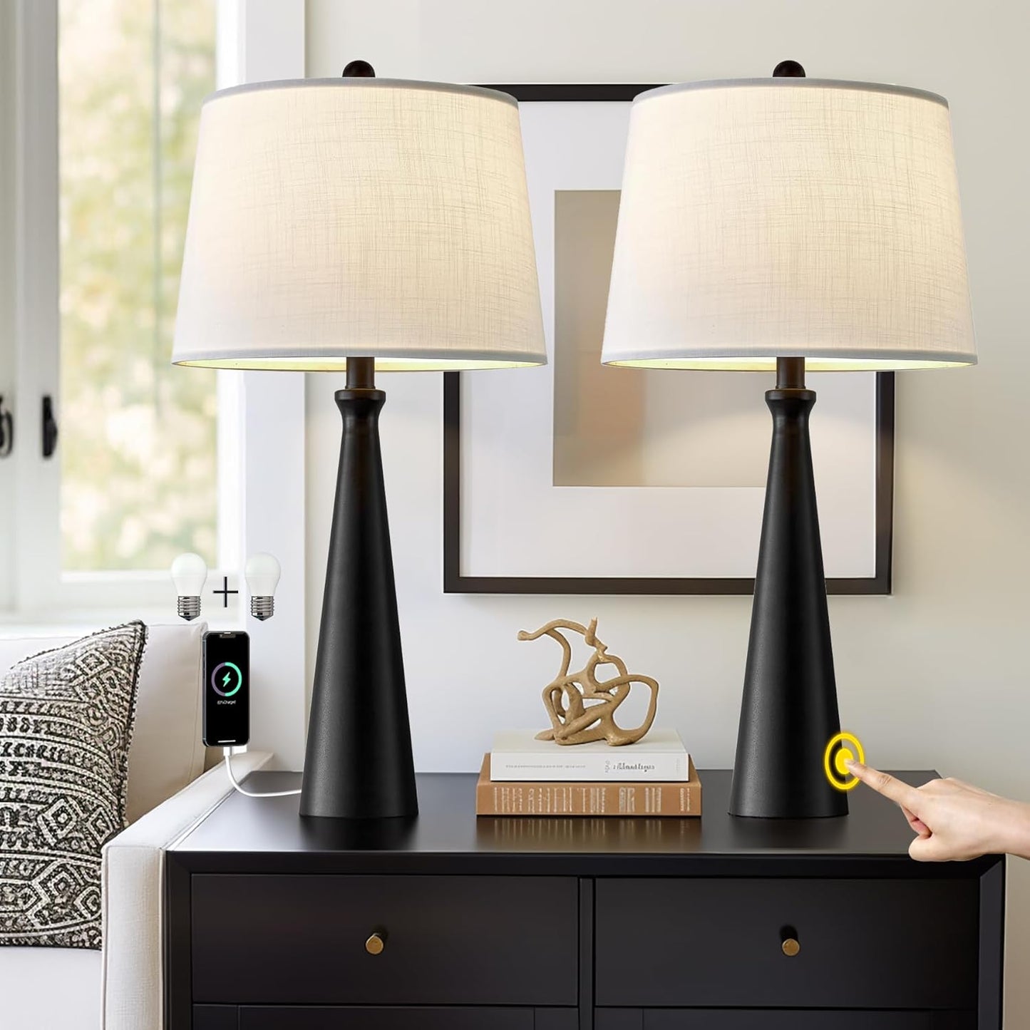 Oneach 25.75" Table Lamps Set of 2 for Living Room Bedroom, Bedside Lamp 3-Way Dimmable Touch Control, Modern Black Nightstand Light Fabric Shade Vintage Accent Style