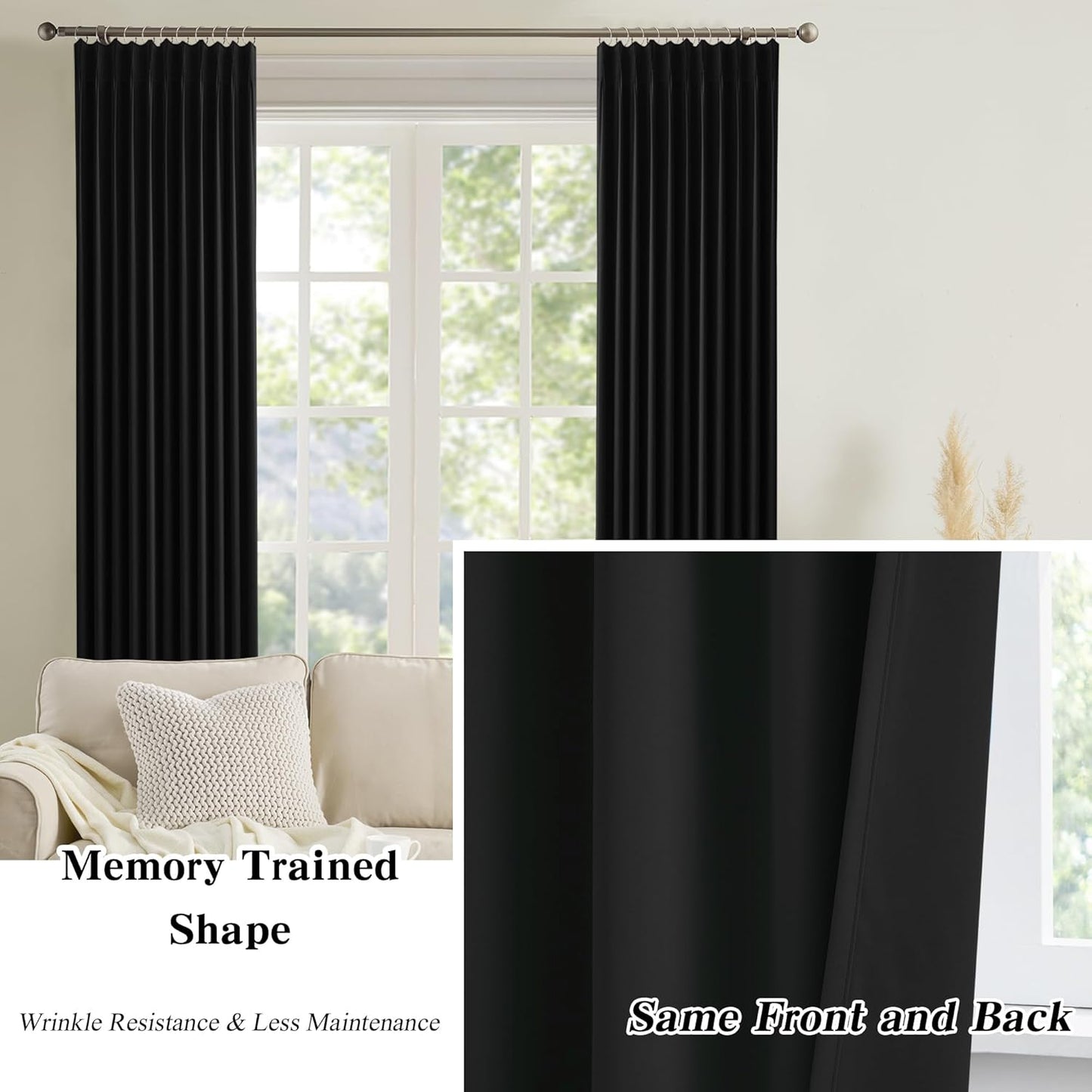 KEQIAOSUOCAI Short Pinch Pleated Blackout Curtains 45 Inch Long 2 Panels for Bedroom Thermal Insulated Black Out Window Curtain Pinched Pleat Drape with Hooks (W40 x L45 Inch, Black)