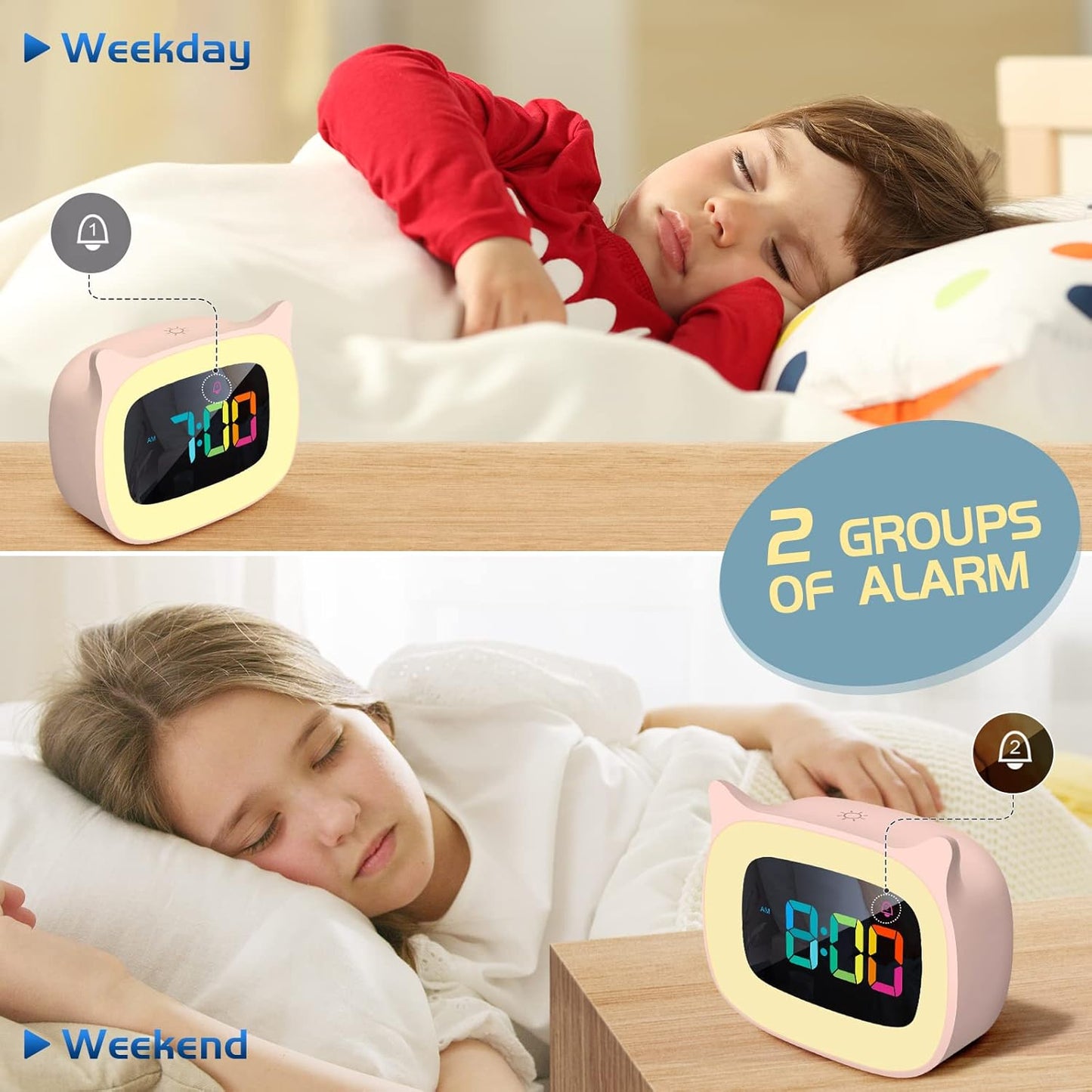 Cute Cat Ear Alarm Clock with RGB 7 Color Night Light & 18 Ringtones,Rechargeable Clock for Kids Bedroom,LED Colorful Digital Display,Bedside Clock for Boys,Girls Birthday Presents(Pink)