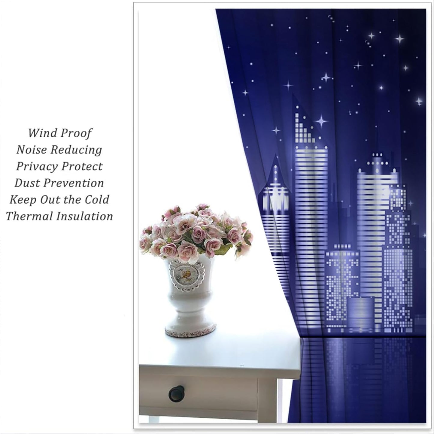City Rod Pocket Blackout Curtains for Boy Girl Bedroom, New York Skyline Modern City Starry Sky Night View Thermal Insulated Home Window Drapes for Living Room Darkening, 84x72 inch