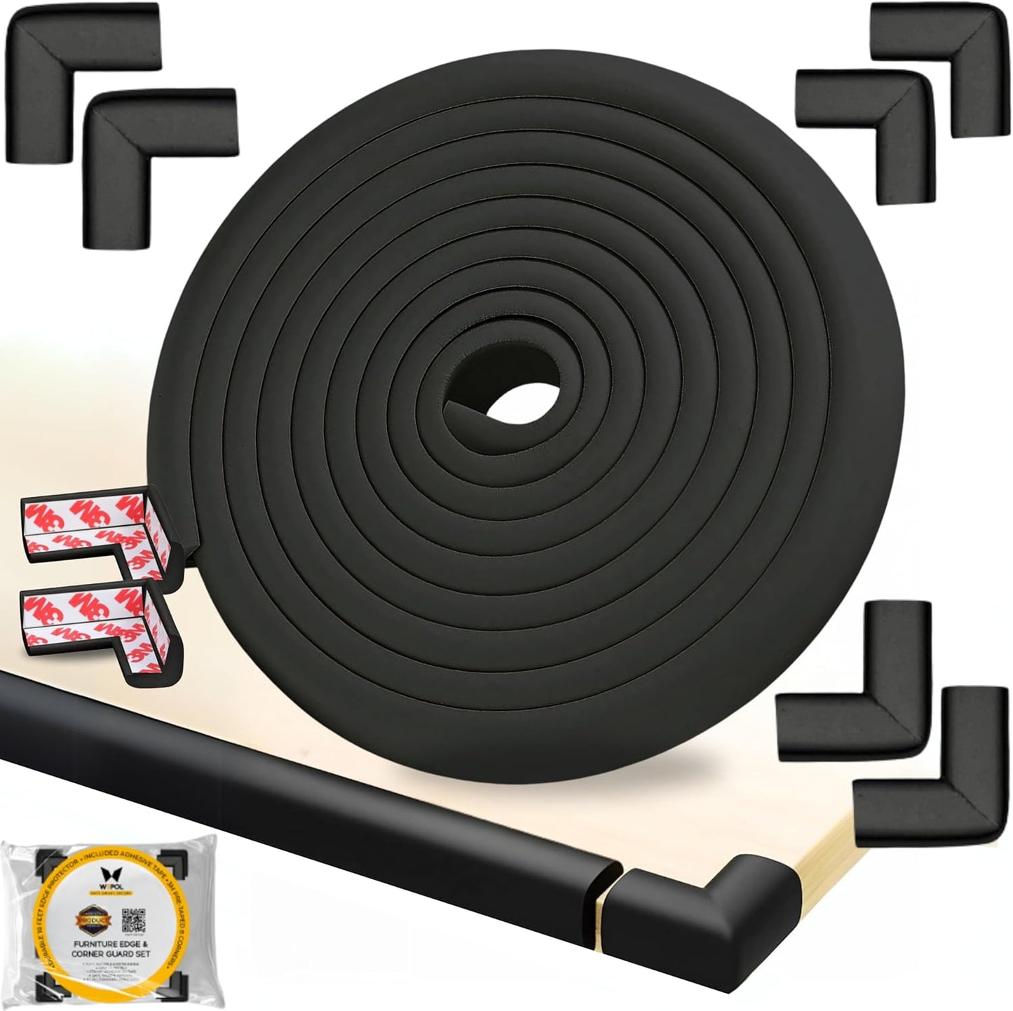Table Edge Protector for Baby Proofing (18ft Edge+8 Corners) Baby Proof Corners and Edges Guard, Soft NBR Rubber Foam 3M Adhesive, Furniture Corner & Edge Safety Bumpers for Table & Fireplace-Black
