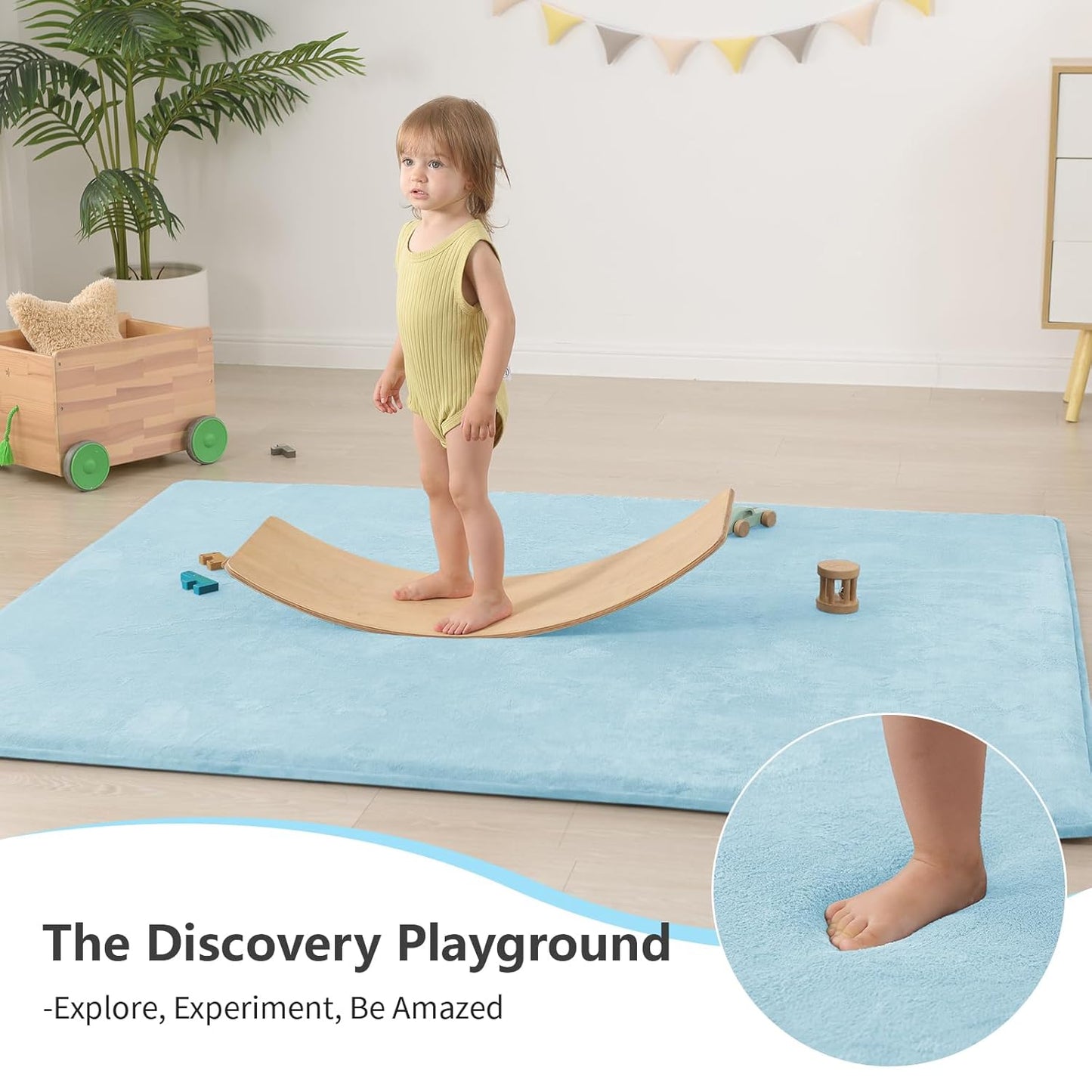 Baby Play Mat for Floor,1.3" Thick Elasti-Foam 50"×74" Playpen Mat for Tummy Time,Water Repellent Soft Coral Velvet for Toddler,Infant,Kids,Non-Slip Backing Safe for Crawling(Light Blue)