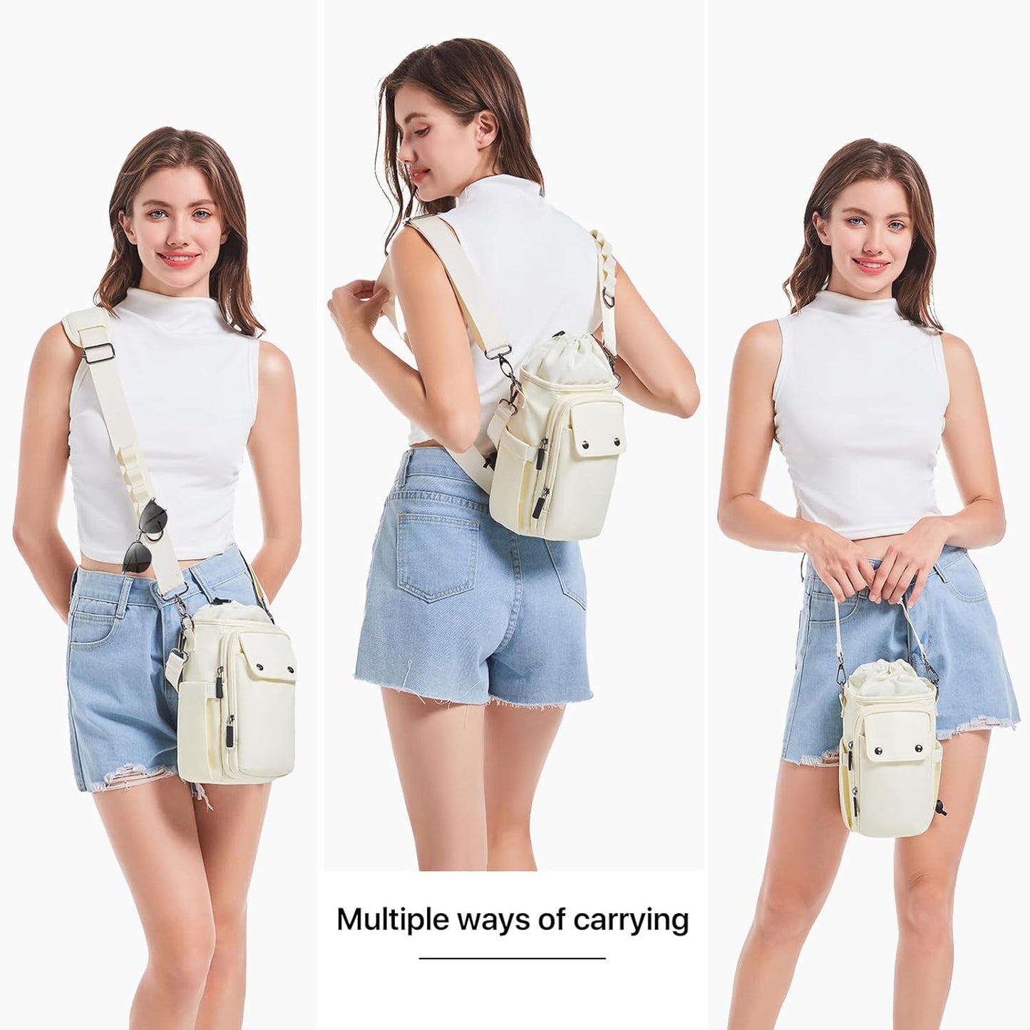 Water Bottle Holder with Strap 32 40oz Crossbody Insulated Water Bottle Carrier Sling Bag with Adjustable Wide Strap and Phone Purse 5 Pockets for Walking Hiking Gym Travel