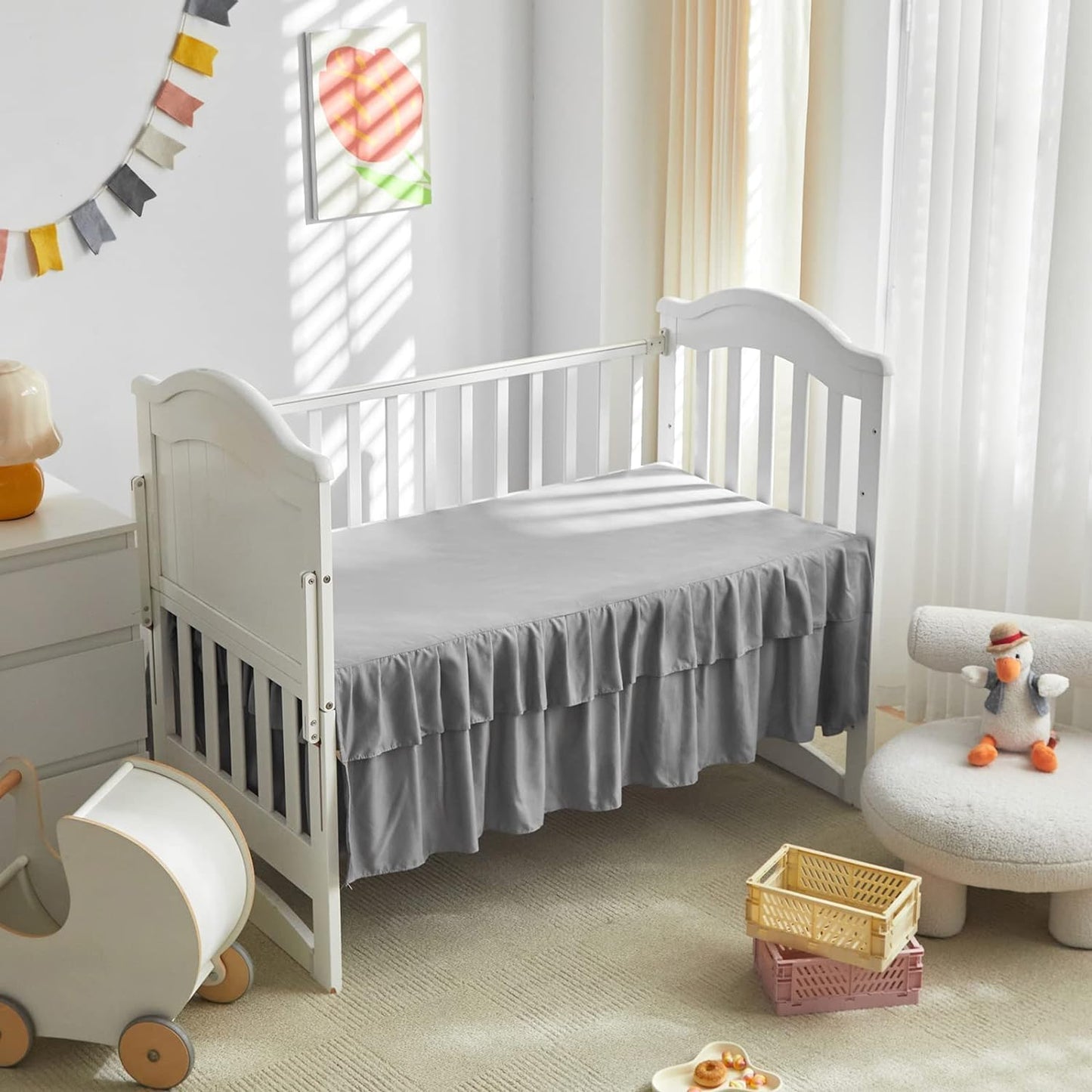 Mini Crib Bedding Set 3 Pieces Baby Boho Quilted Tufted Ruffles Comforter with Fitted Sheet and Ruffled Bed Skirt - Cute Shabby Baby Bedding Fits Mini Crib Only Gray