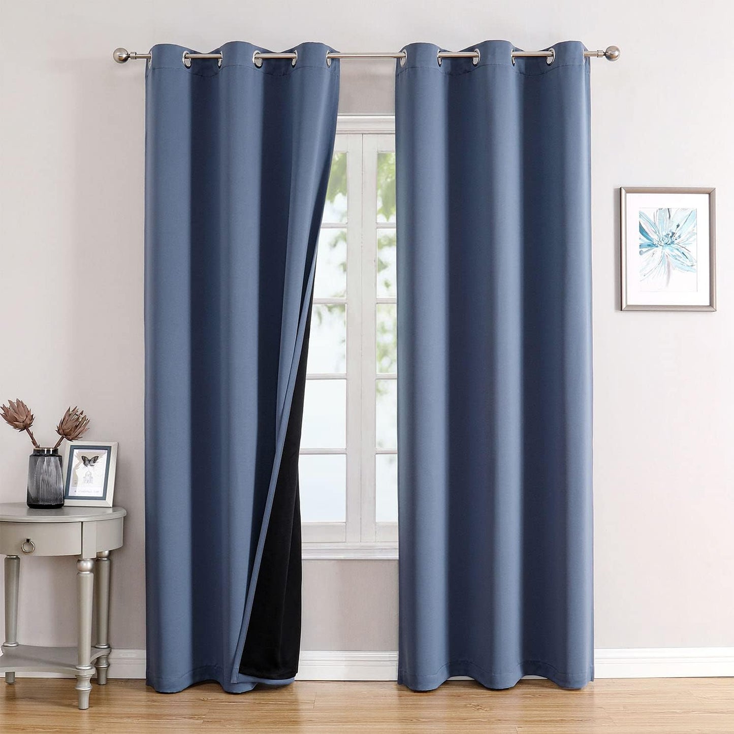 ChrisDowa 100% Blackout Curtains for Bedroom with Black Liner, 2 Thick Layers Total Blackout Thermal Insulated Grommet Window Curtains 2 Panels Set (Stone Blue, 42 x 84 Inch)