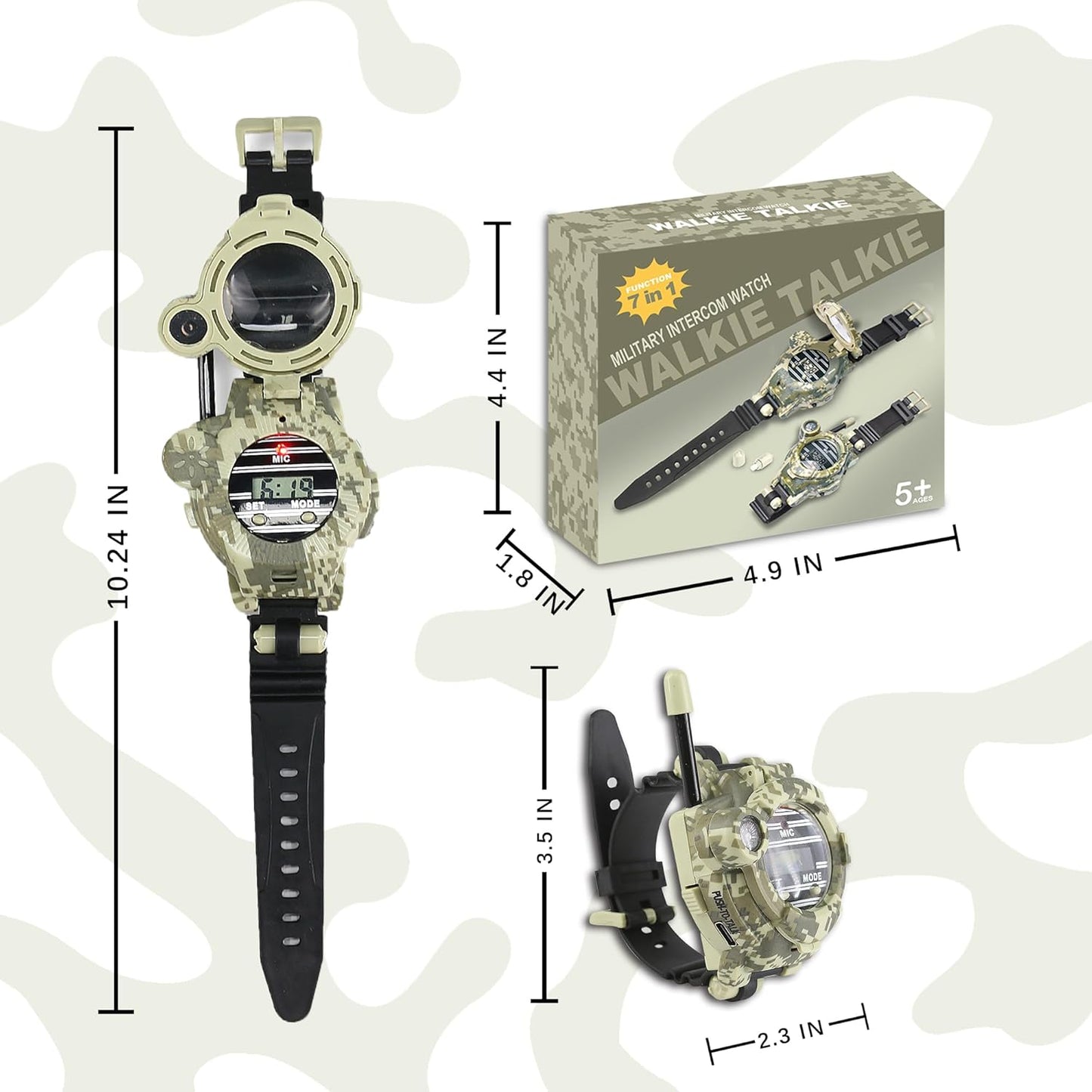 Walkie Talkies for Kids Rechargeable, Spy Watch Army Toys, 7 in 1 Walkie Talkie Watches with Flashlight, Two-Way Radios Long Range Interphone Toy Gifts for Boys Girls fit Outdoor Game Camping
