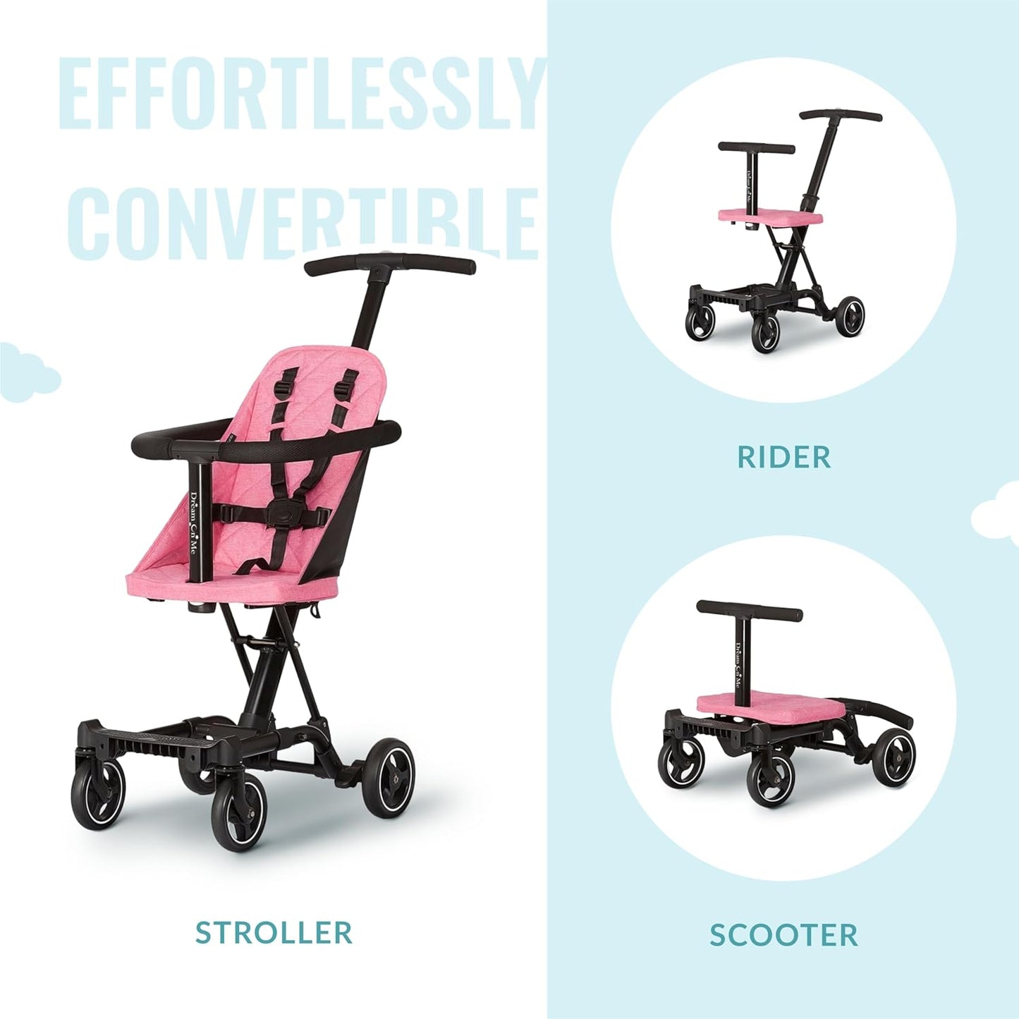 Dream On Me Lightweight and Compact Coast Rider Stroller with One Hand Easy Fold, Adjustable Handles and Soft Ride Wheels, Pink, 365-PINK