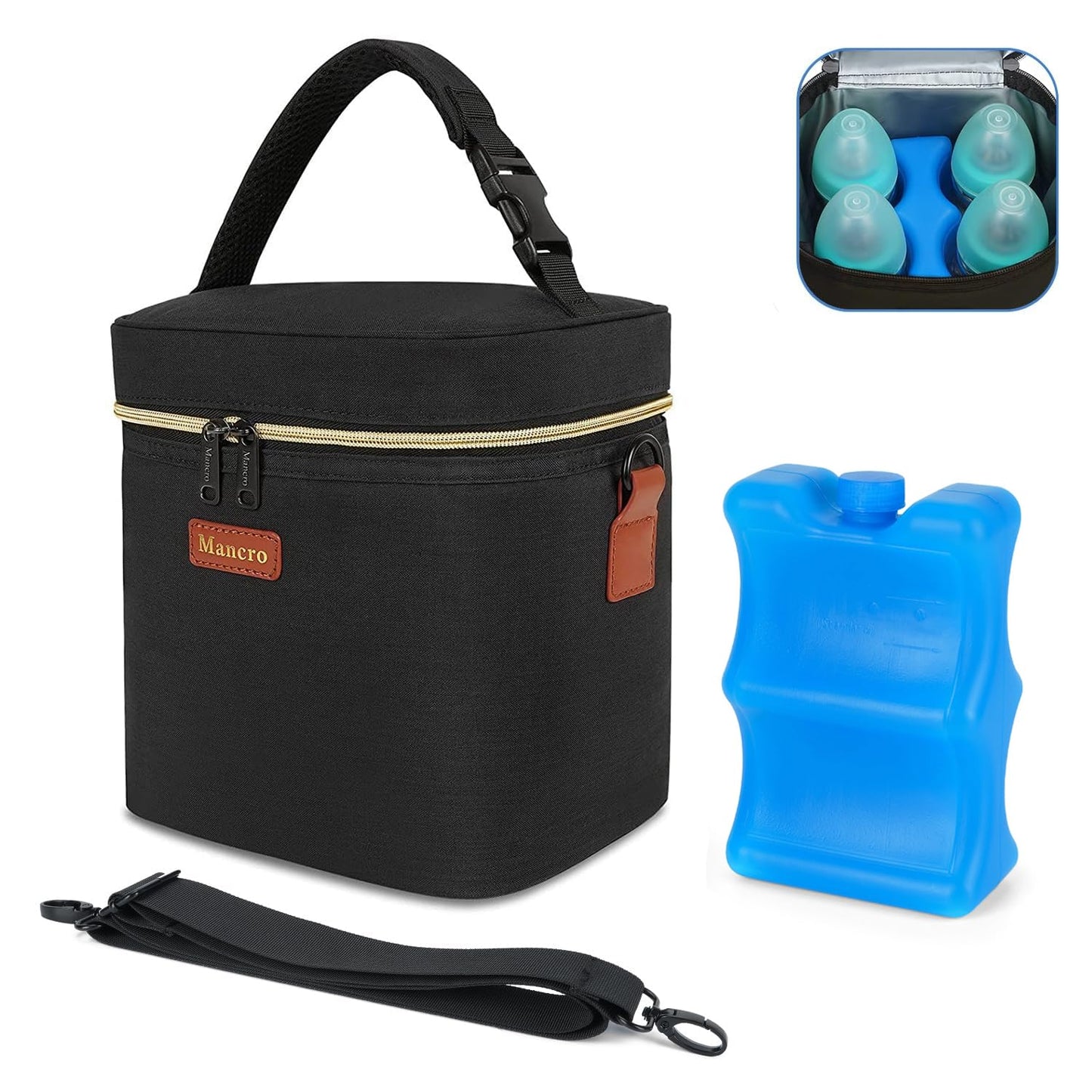 Mancro Breastmilk Cooler Bag Travel, Fits 4 Baby Bottles Up to 9 Ounce, Baby Bottle Bag with Ice Pack, Insulation Breast Milk Cooler Travel, Black