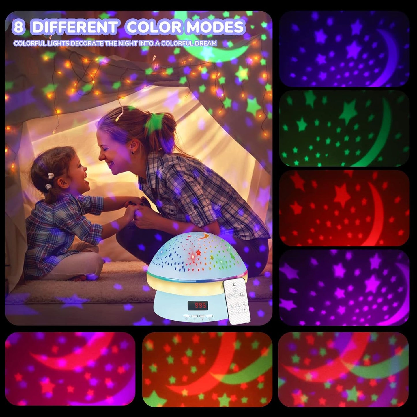 Remote Control and Timer Design Starry Sky Rotating Star Projector Night Light,16 Colorful Projector Light Dimmable LED Bedside Lamp,Kids Room Decor (Blue)