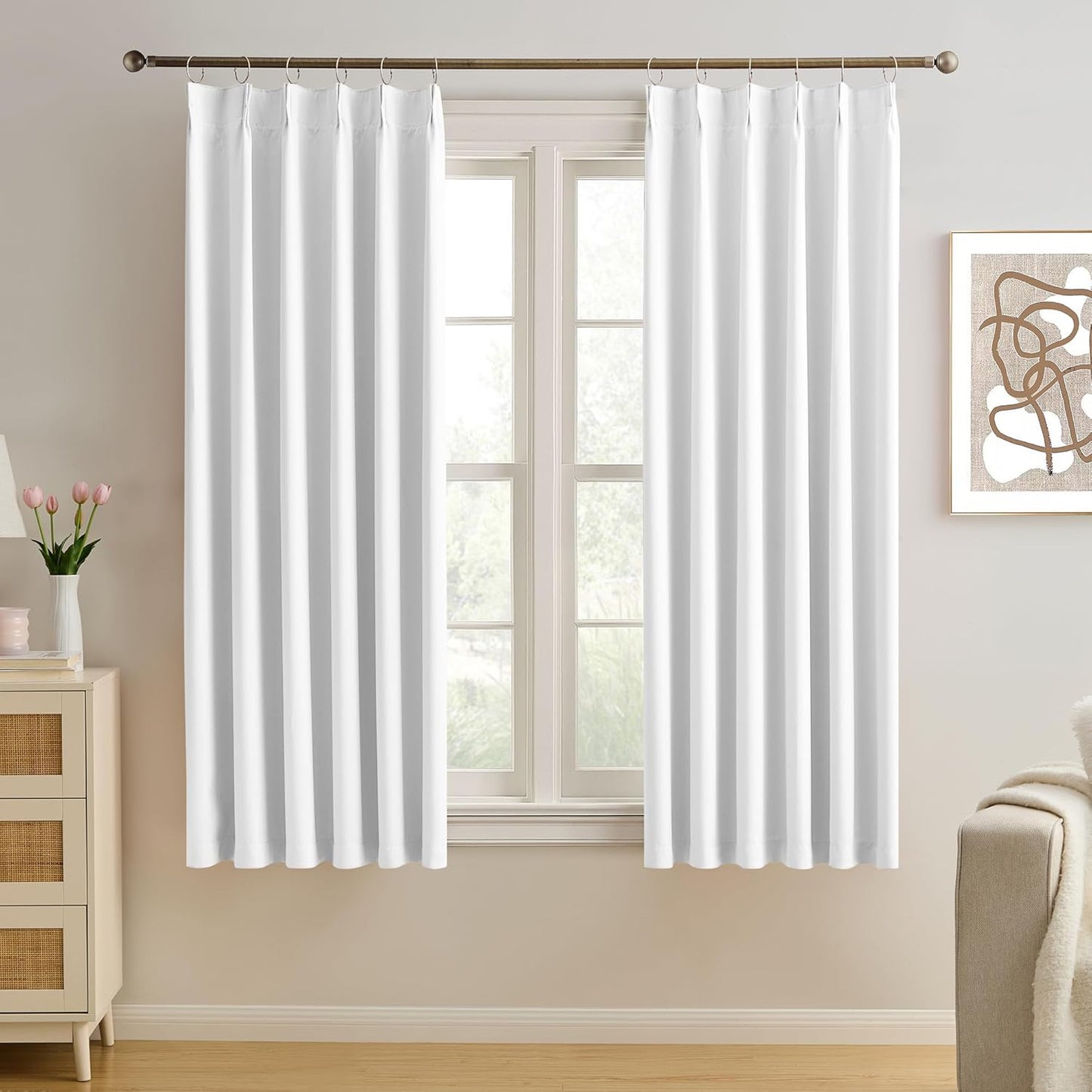 KEQIAOSUOCAI Pleated White Curtains 63 Inches Long,Half Blackout Room Darkening Short Window Curtain 63 Inch Length 2 Panel Set,Pinch Pleated Curtains with Hooks,40 by 63,Set of 2
