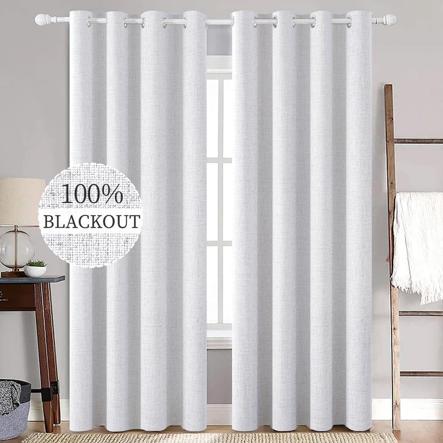 MIULEE Linen Texture 90 Inches Curtains for Bedroom 100% Blackout Thermal Insulated Grayish White Grommet Darkening Curtains for Living Room Nursery 52x90 Inch (2 Panels)