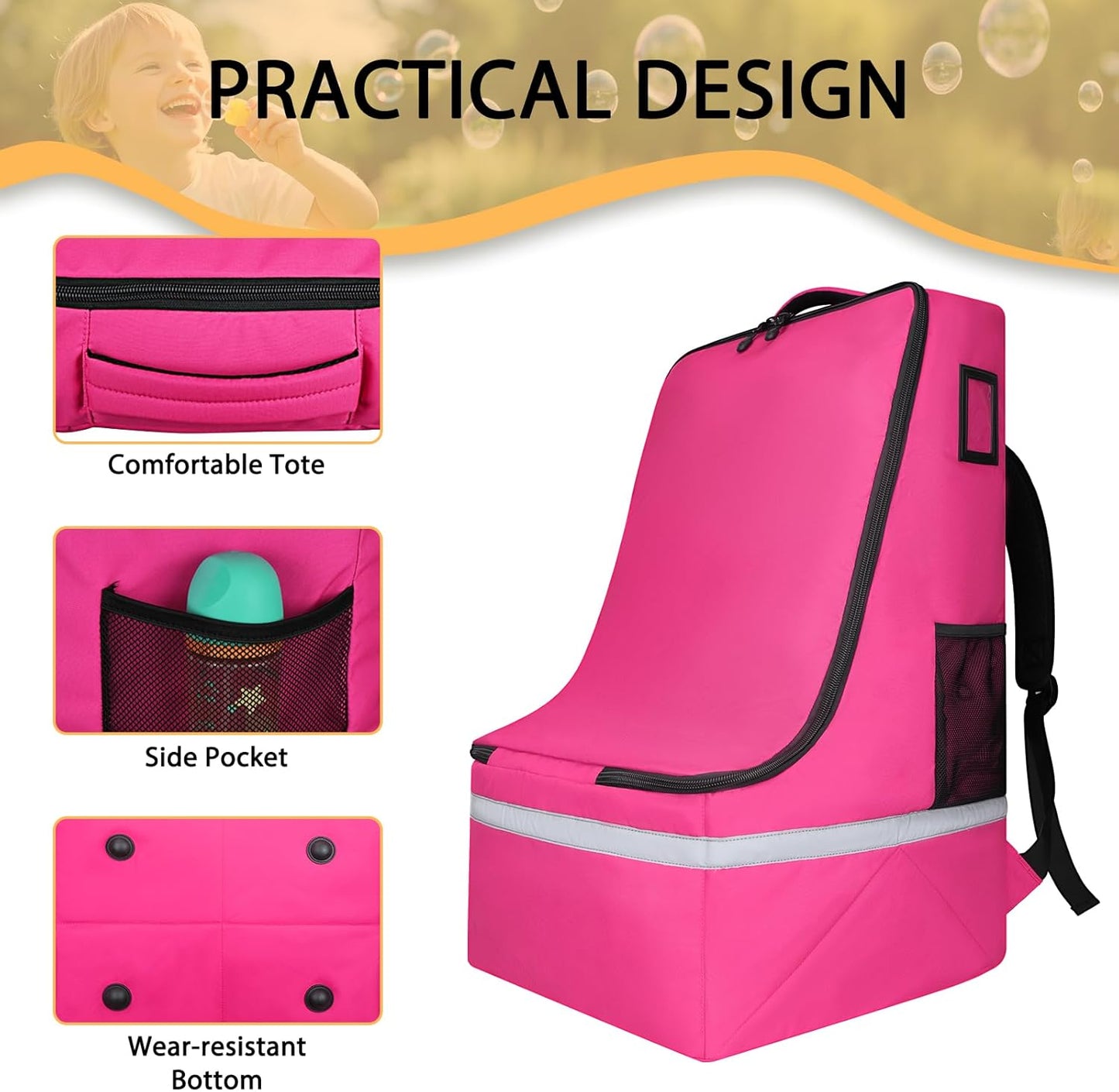 Car Seat Travel Bag for Airplane,Infant Seat Travel Bag with Shoulder Strap,Padded Car Seats Backpack with Reflective Stripes,Large Carseat Carrier Bag Travel Car Seat Cover,Pink