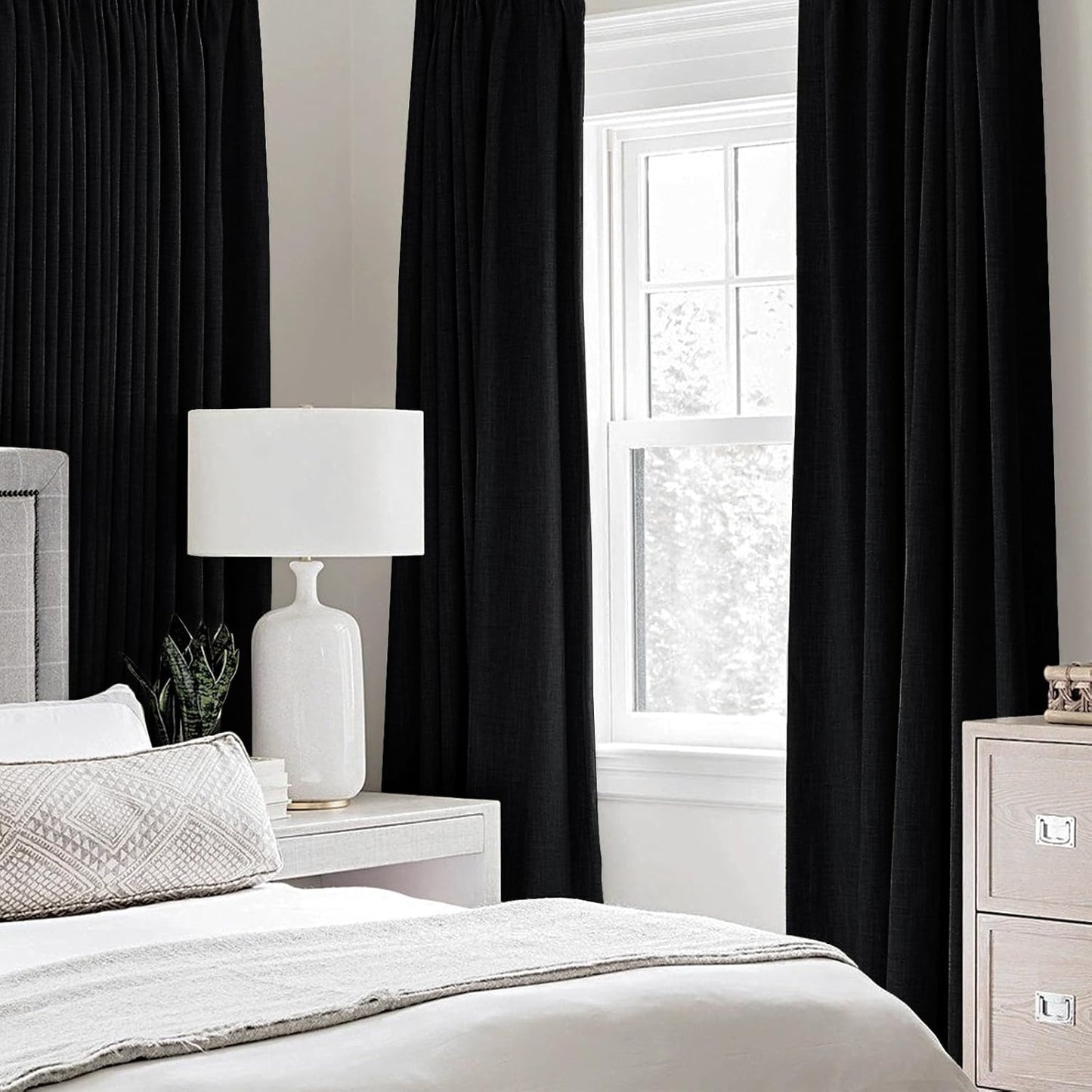 MIULEE Linen Texture Curtains for Bedroom Solid 100% Blackout Thermal Insulated Halloween Black Curtains Grommet Room Darkening Drapes for Living Room Nursery 52x63 Inch (2 Panels)