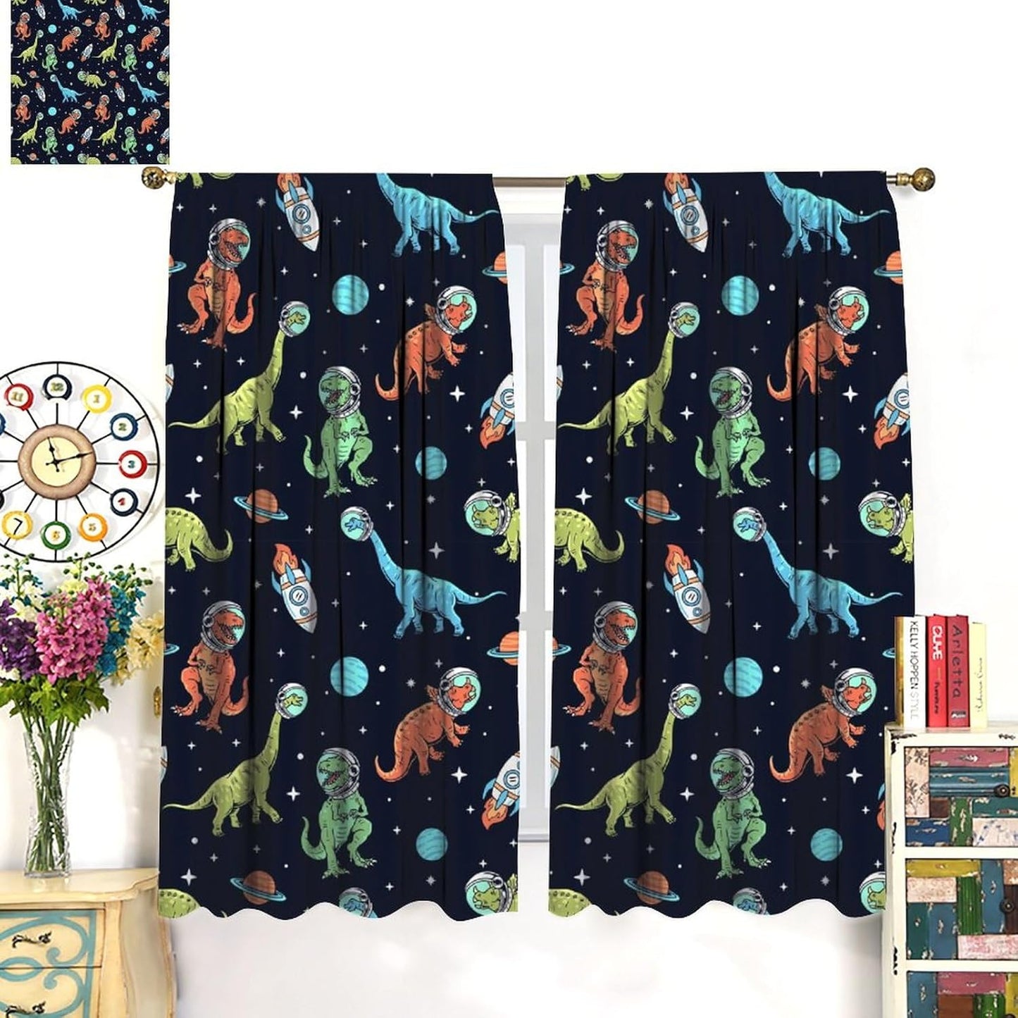 Cartoon Dinosaur Curtains for Kids Boys Girls Home Decor, Astronaut Rocket Funny Outer Space Blackout Rod Pocket Window Drapes for Bedroom Living Room W31.5xL63in 2 Panels